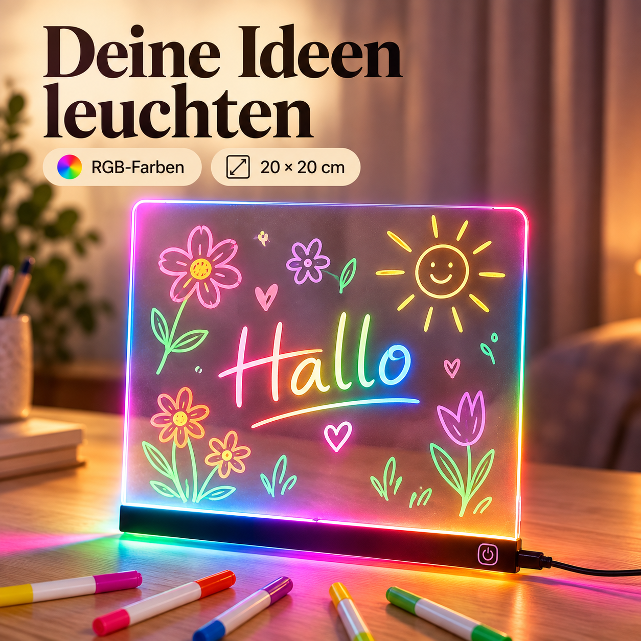 Leuchtende Acryltafel mit selbst gezeichneten Blumen und einer Hallo-Botschaft