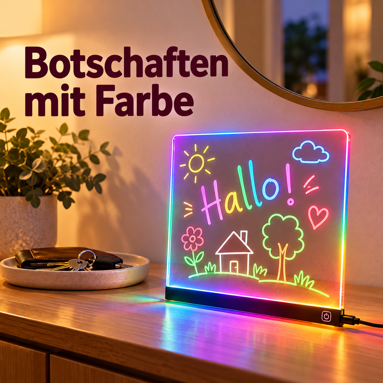 Acryltafel mit farbiger Botschaft auf einer Konsole im Eingangsbereich