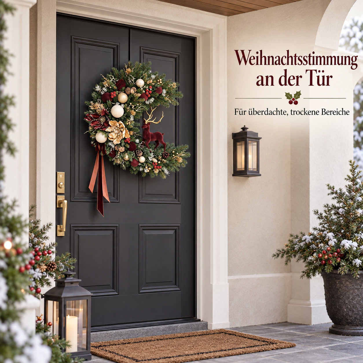 Halbmondförmiger Weihnachtskranz an der Tür in einem überdachten, trockenen Bereich