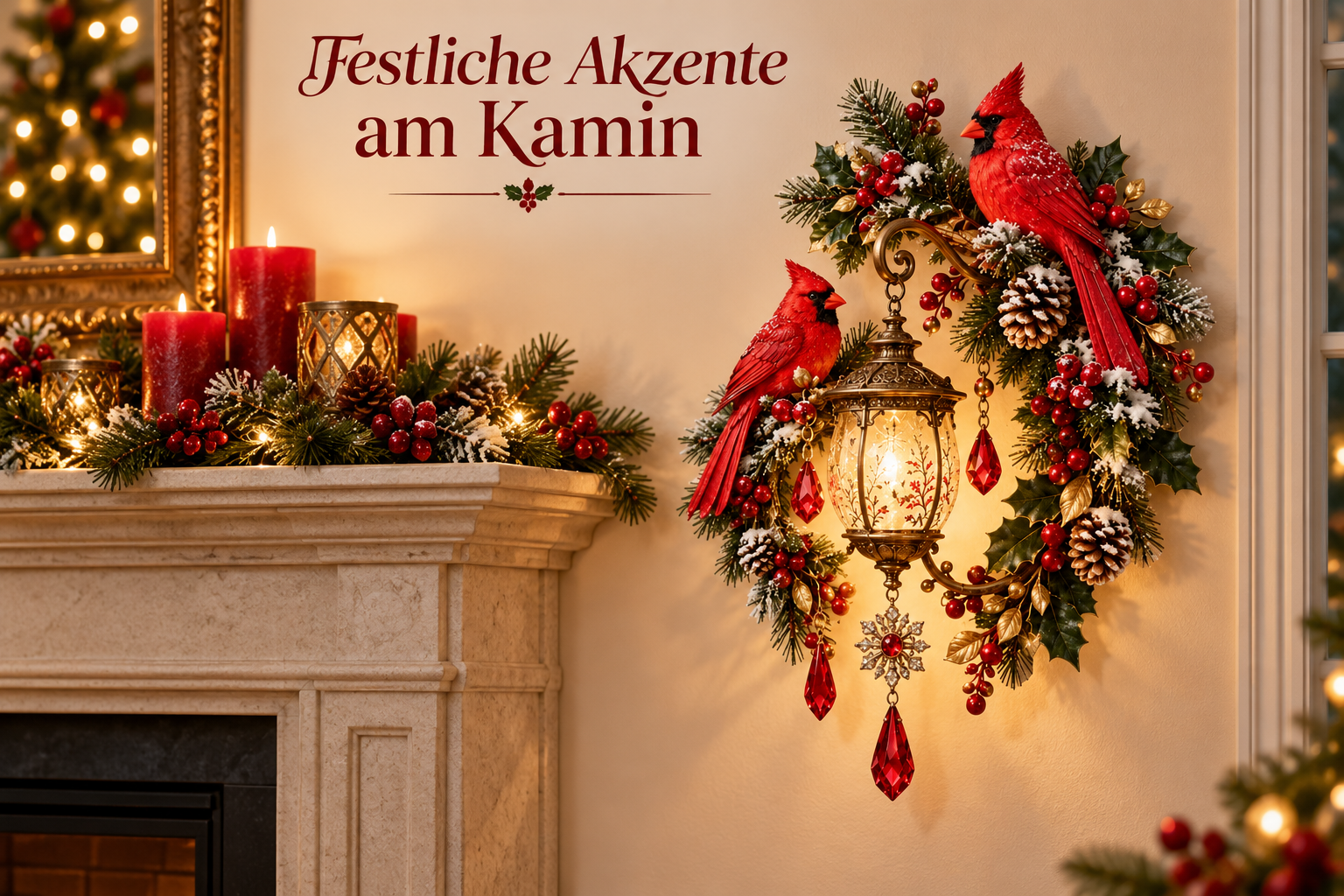 Festlich neben dem Kamin mit einer künstlichen Kardinalvogel-Wanddekoration