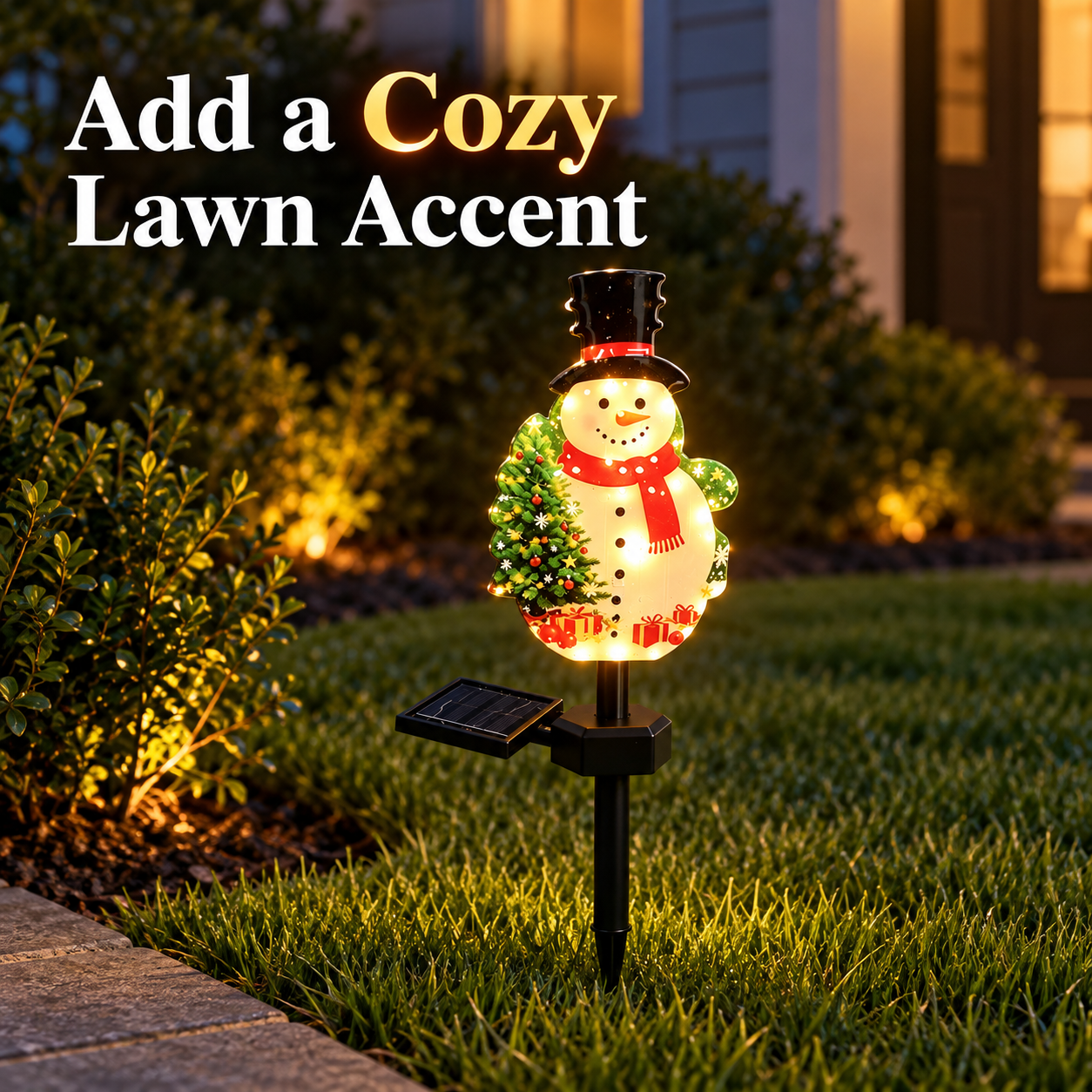 Solar character stake light adding warm light to a lawn border