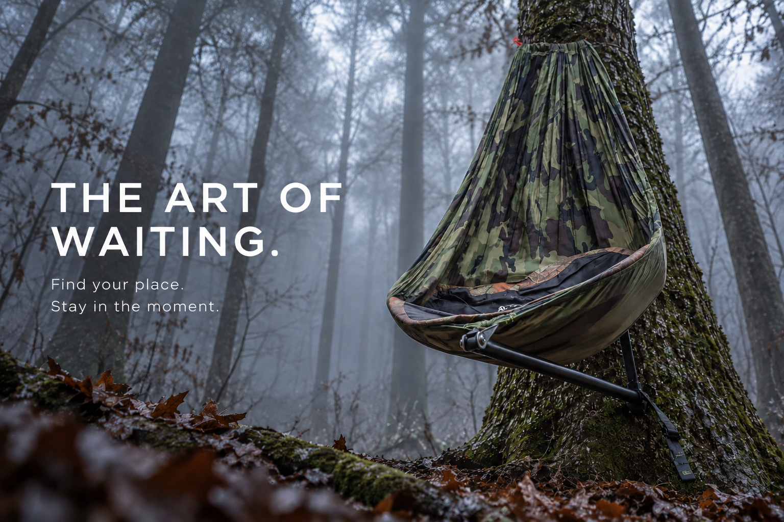 Camouflage tree-mounted seat in a misty forest