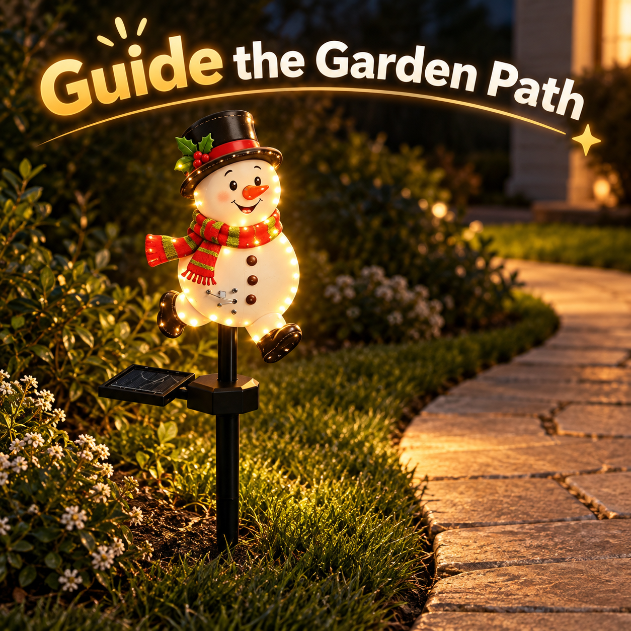 Solar character stake light guiding a curved garden path