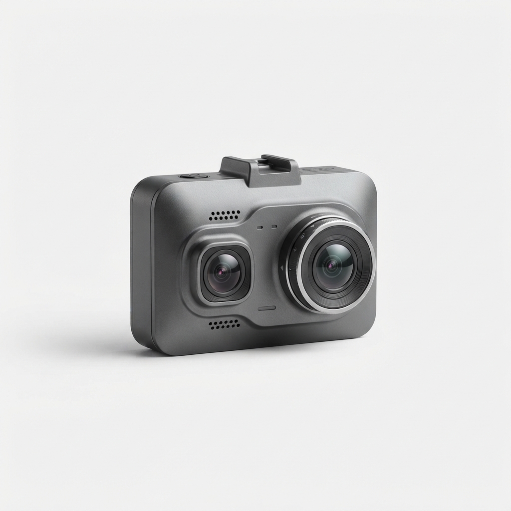 SoftDrive dual-lens dash cam showing front and cabin cameras
