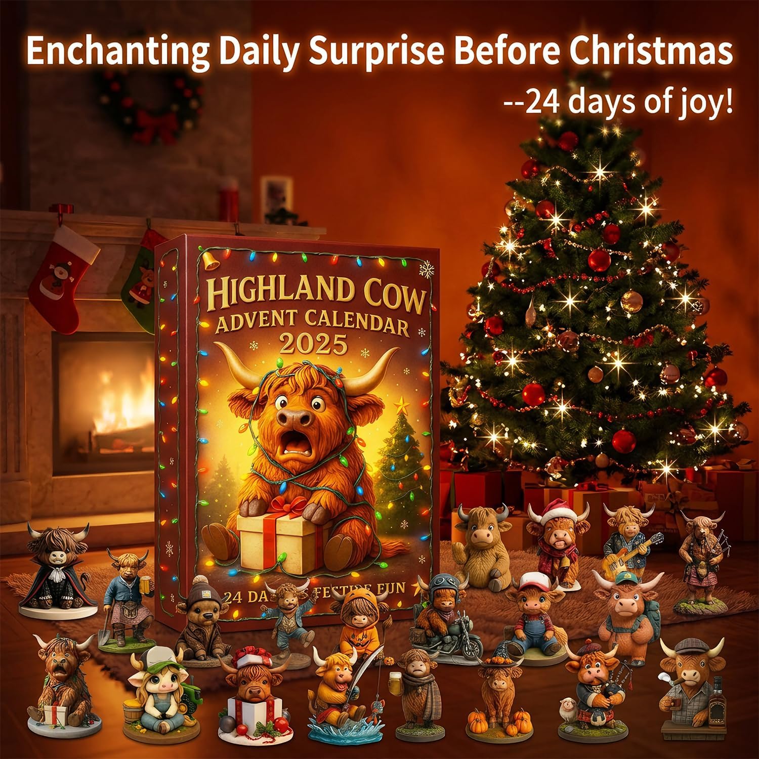 Highland Cow Advent Calendar 2025, 24 Days Countdown Calendars with 24 3D Highland Cow Doll