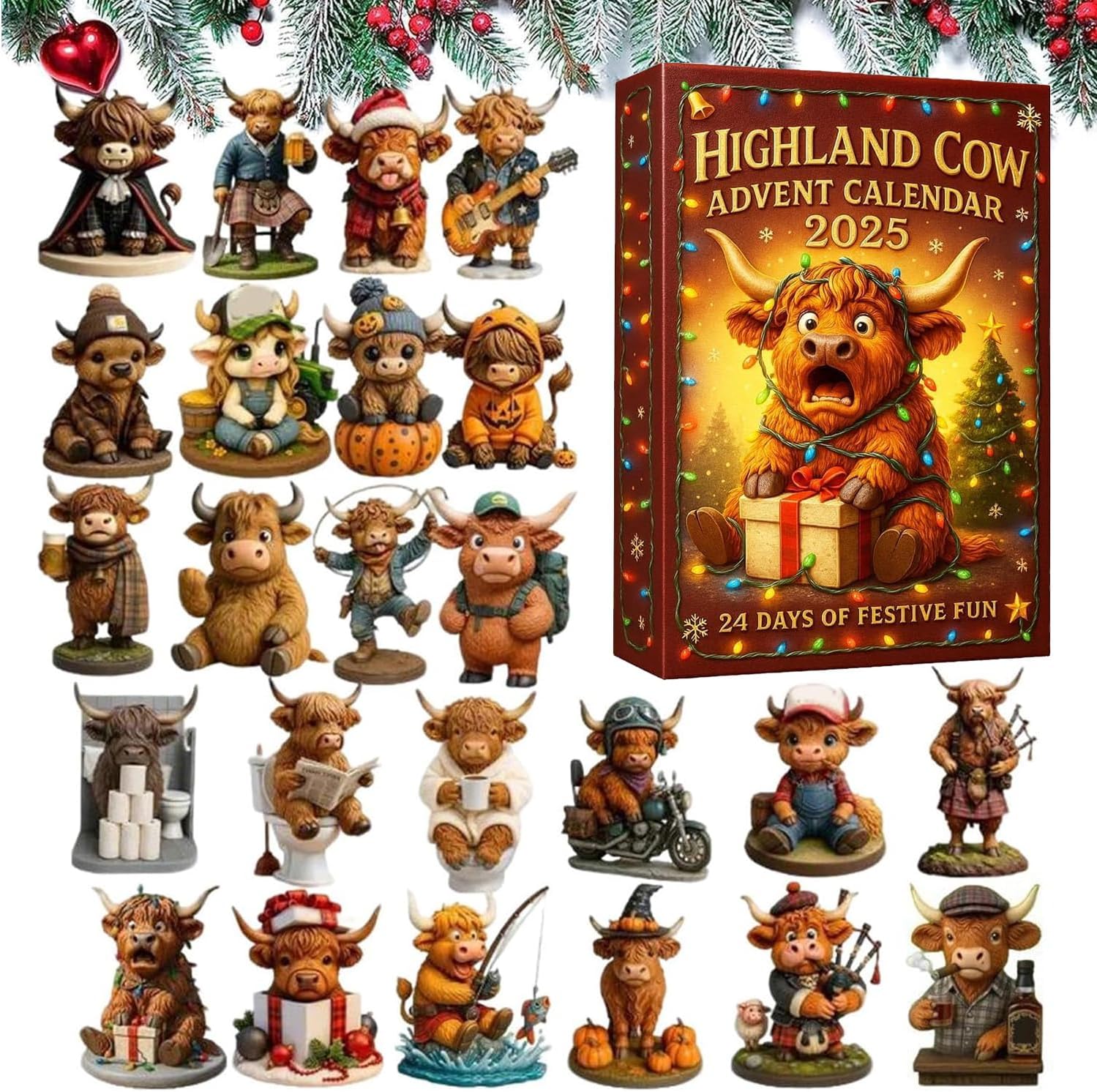 Highland Cow Advent Calendar 2025, 24 Days Countdown Calendars with 24 3D Highland Cow Doll