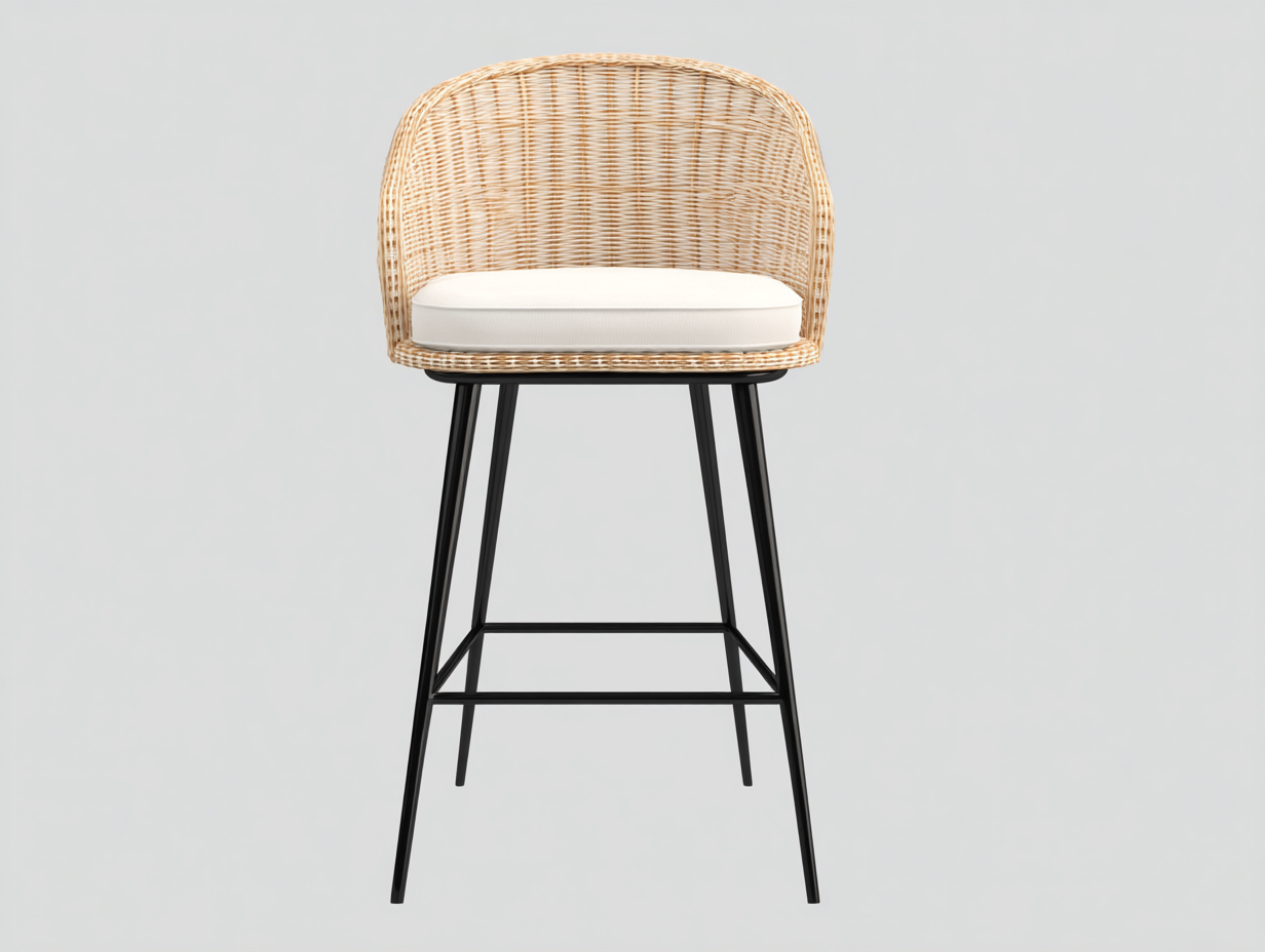 Barhocker-Rattangeflecht-Metall-56×57×104 cm-Natur/Weiß/Schwarz-gepolsterter Sitz für Hausbar-Donaiaroom