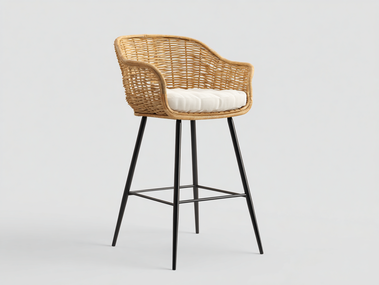 Barhocker-Rattangeflecht-Metall-58×59×102 cm-Natur/Weiß/Schwarz-Armlehnen und Sitzpolster für Hausbar-Donaiaroom