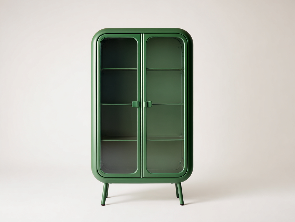 Sideboard-Metall/Glas-86×38×132 cm-Dunkelgrün-abgerundeter Vitrinenkorpus mit 2 Glastüren für das Wohnzimmer-Donaiaroom