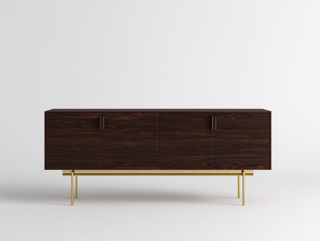 Sideboard-Holz/Metall-200×45×82 cm-Dunkelbraun/Gold-vier Türen auf schlankem Rahmen für das Wohnzimmer-Donaiaroom