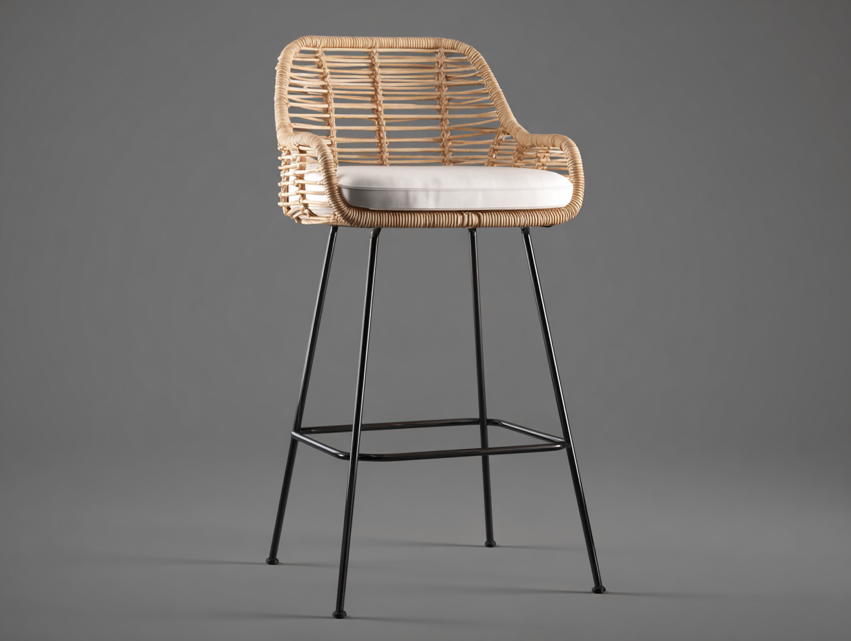 Barhocker aus Polyrattan 57×58×105 cm Natur-Schwarz-Weiß für Hausbar – mit Armlehnen und Sitzkissen-Donaiaroom