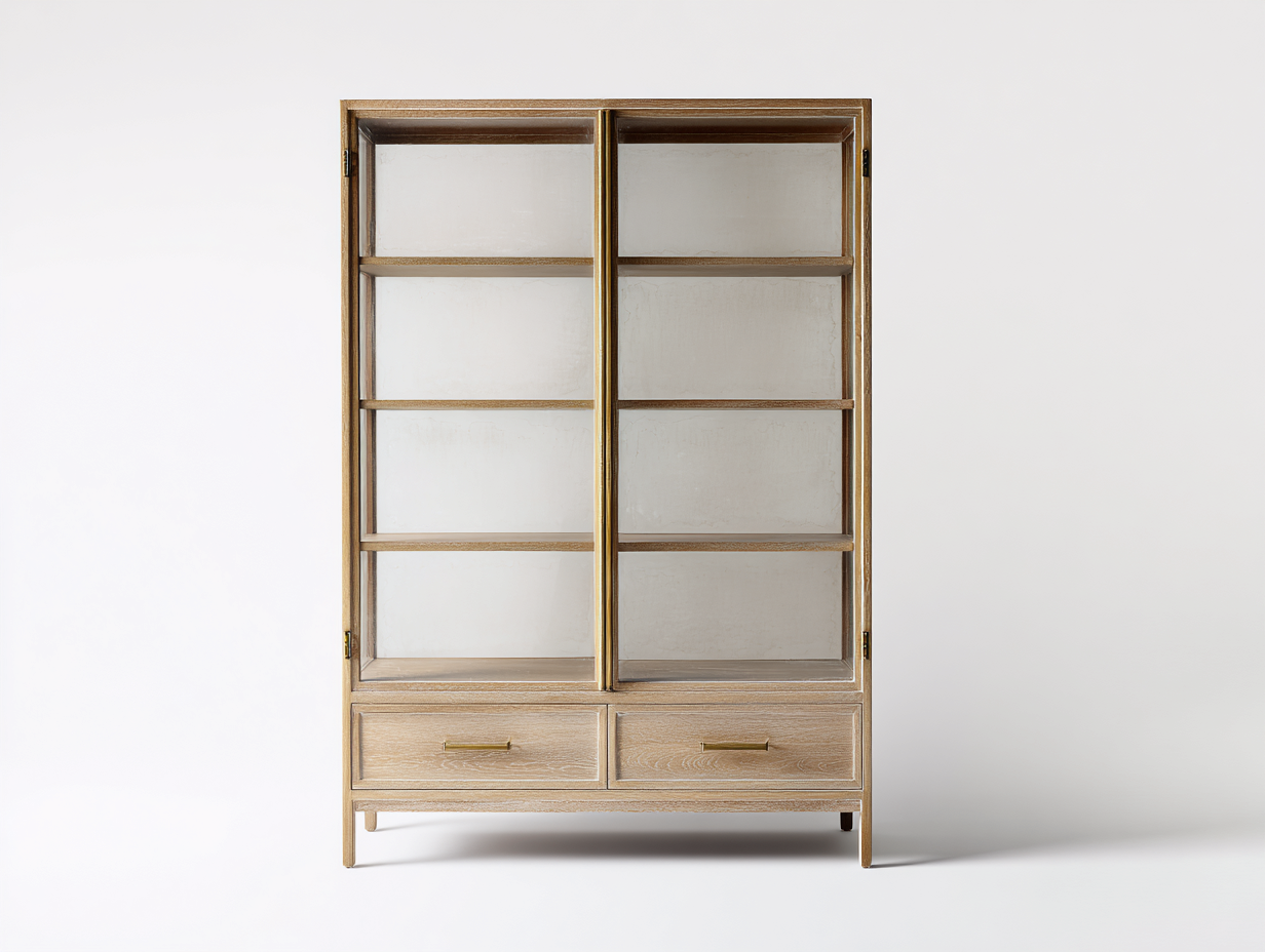 Hohes Sideboard-Holz/Glas-105×43×172 cm-Hellbeige/Transparent-vier Sichtfächer und zwei Schubladen für das Wohnzimmer-Donaiaroom