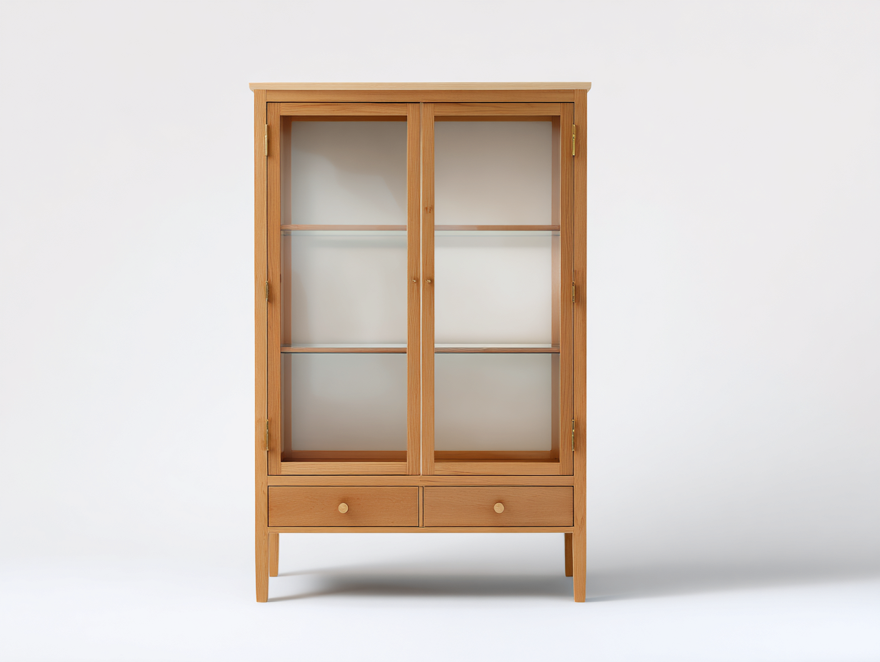 Hohes Sideboard-Holz/Glas-100×42×165 cm-Honigbraun/Transparent-zwei Schubladen und Glastüren für das Wohnzimmer-Donaiaroom