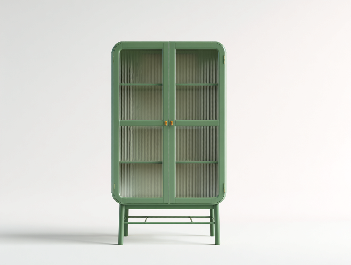 Sideboard-Metall/Riffelglas-90×40×150 cm-Salbeigrün/Gold-hoher Vitrinenkorpus mit 2 Türen für das Wohnzimmer-Donaiaroom