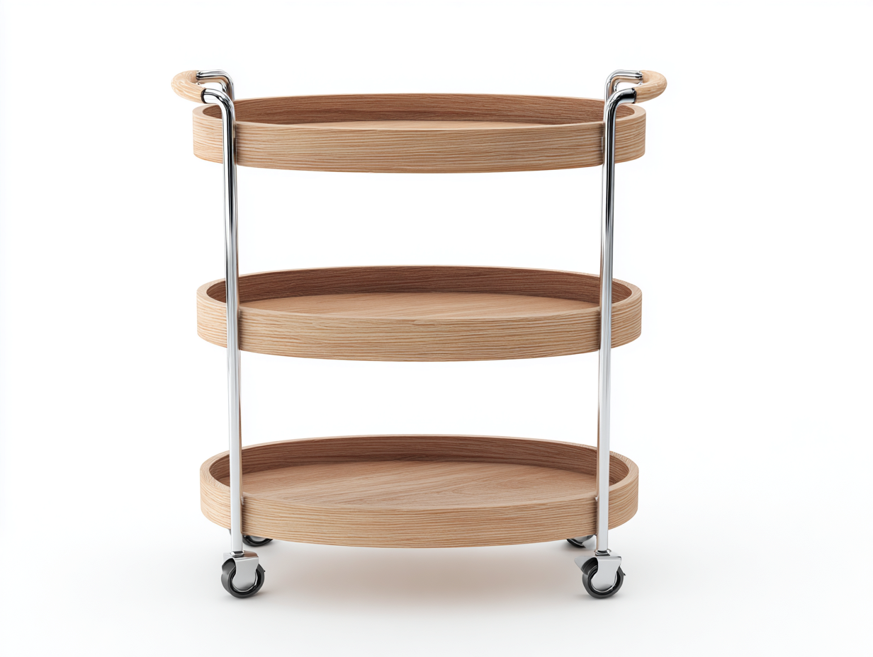 Mobiler Aufbewahrungswagen-Holzwerkstoff und Metall-72×42×83 cm-Hellnatur/Chrom-dreistöckig mit Seitengriffen für Esszimmer-Lomihaven