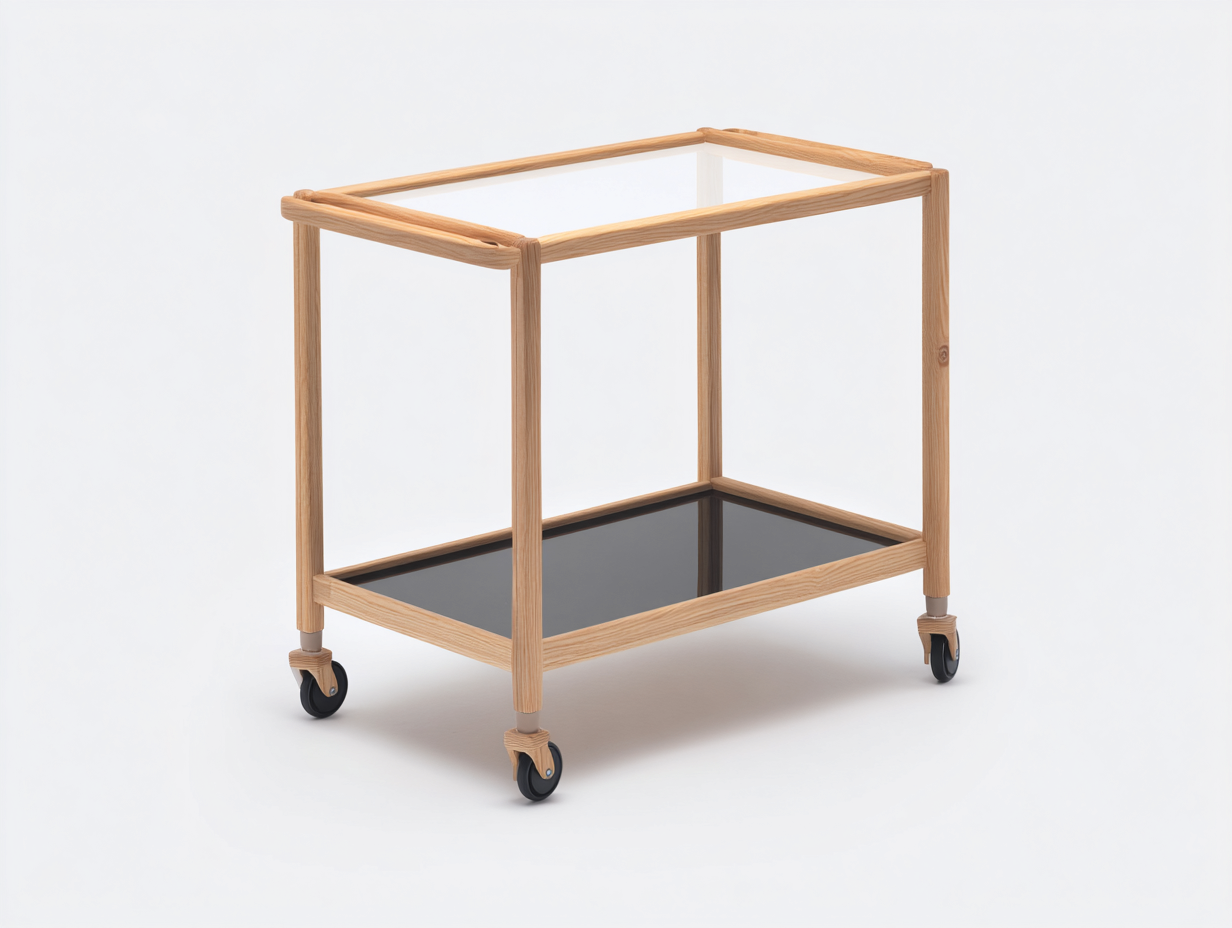 Mobiler Aufbewahrungswagen aus Holz und Glas 68×42×84 cm - Naturfarben/Schwarz/Transparent - zwei Ebenen-Lomihaven