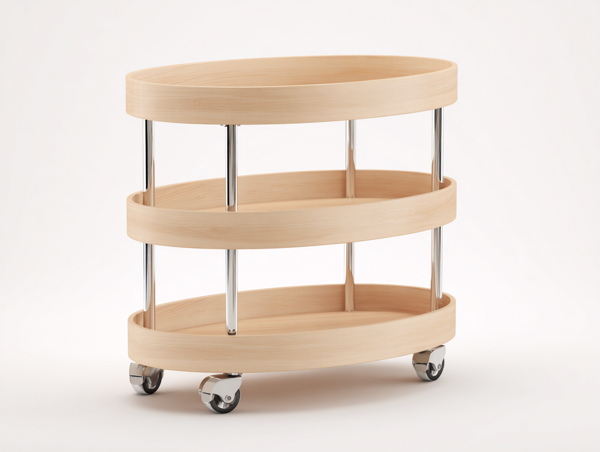 Mobiler Aufbewahrungswagen-Holz-Metall-76×42×80 cm-Hellholz/Silber-kompakte ovale Servierwagenform fürs Esszimmer-Lomihaven
