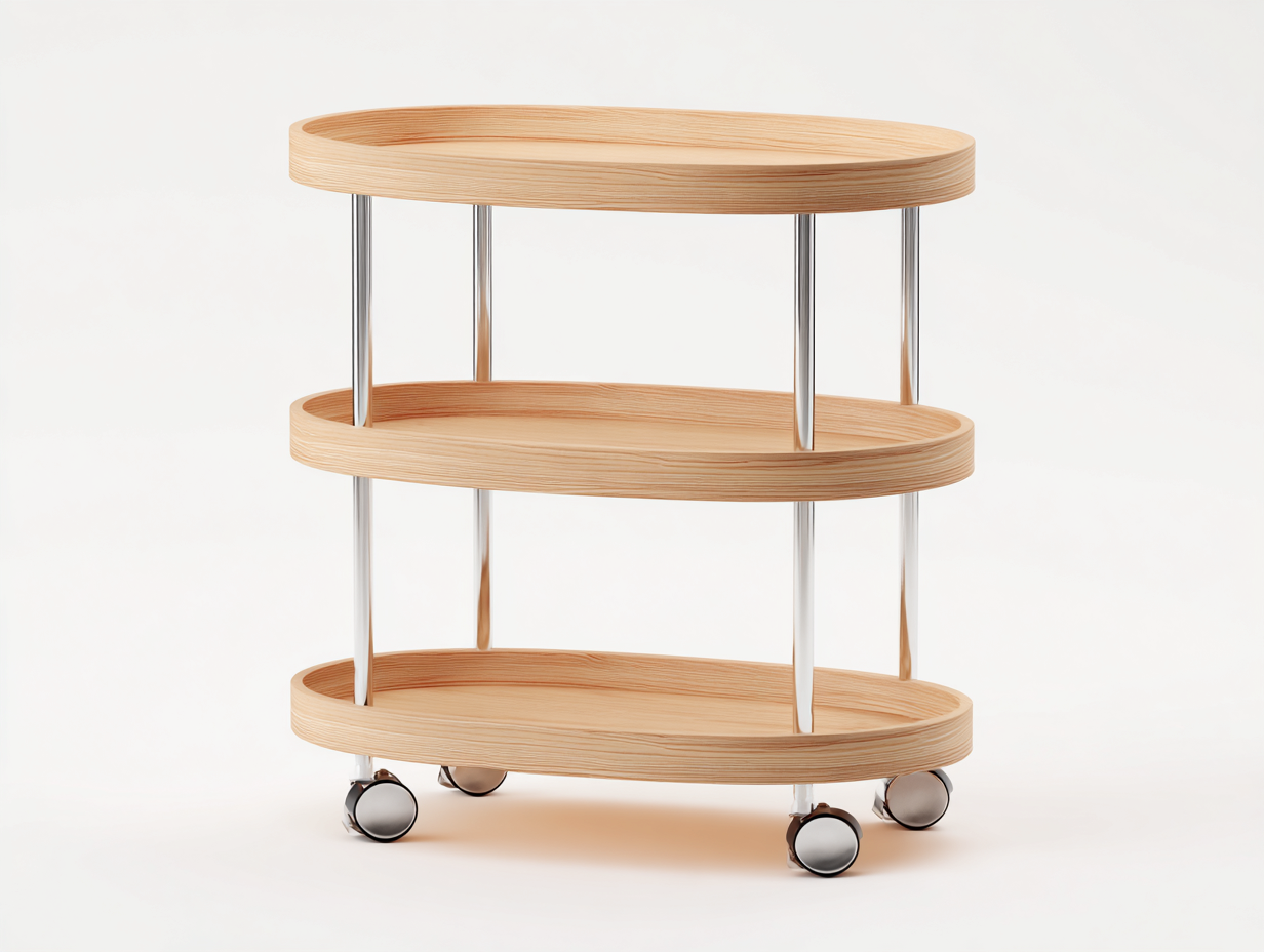 Mobiler Aufbewahrungswagen-Holz-Metall-78×43×82 cm-Natur/Silber-ovale 3-Ebenen-Ausführung fürs Esszimmer-Lomihaven