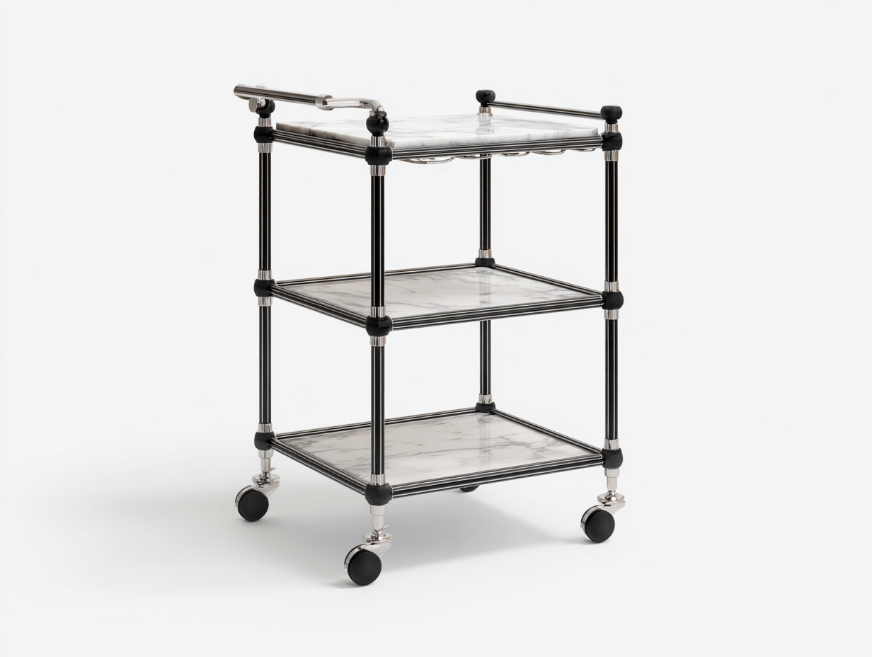 Mobiler Aufbewahrungswagen-Metall-Marmoroptik-62×43×85 cm-Schwarz/Weiß-rechteckige 3-Ebenen-Ausführung fürs Esszimmer-Lomihaven