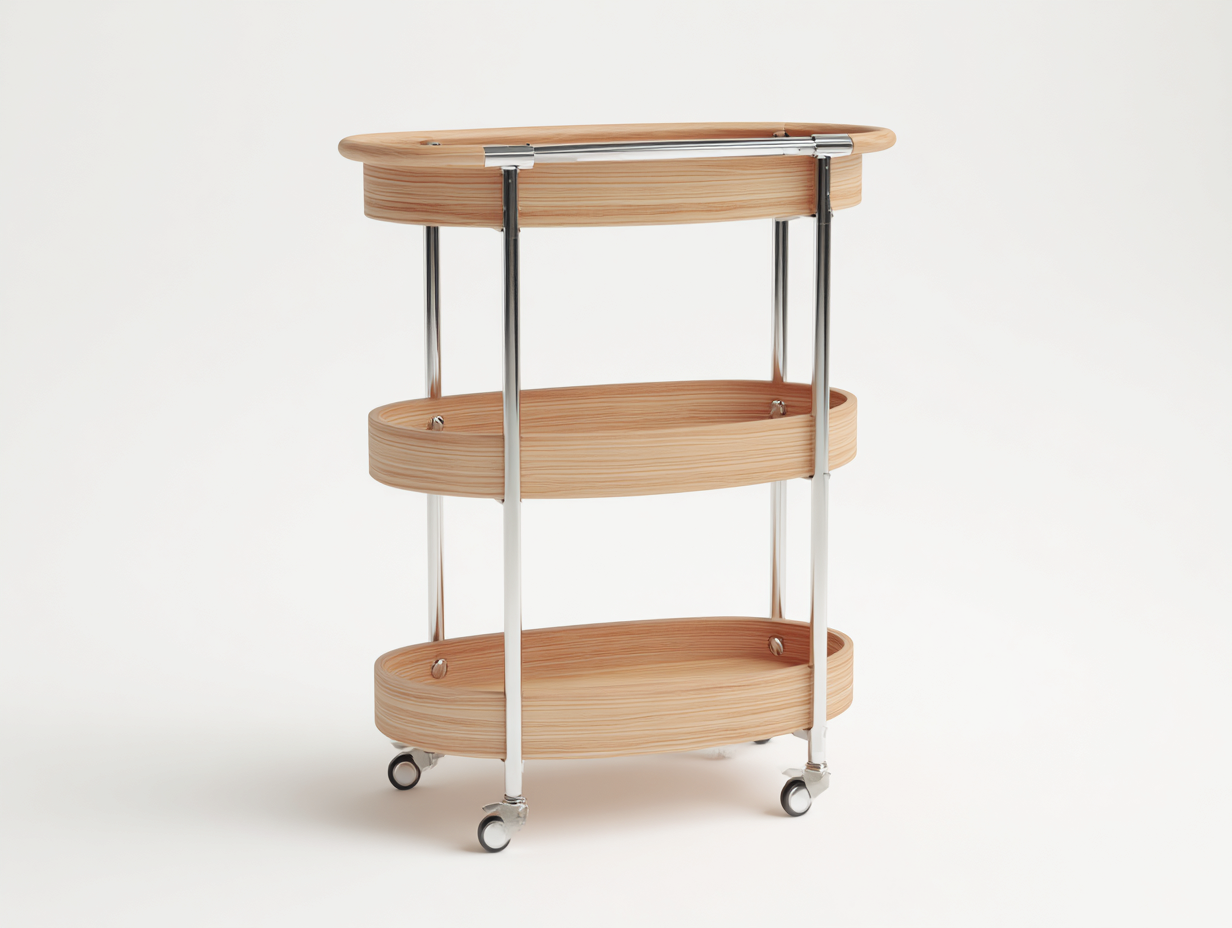 Mobiler Aufbewahrungswagen-Holzwerkstoff und Metall-67×39×86 cm-Naturholz/Chrom-drei ovale Ablagen für Esszimmer-Lomihaven