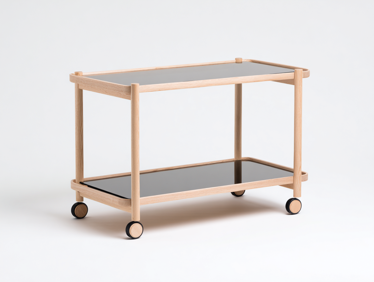 Mobiler Aufbewahrungswagen-Holz und Schwarzglas-78×45×72 cm-Hellholz/Schwarz-zwei Ablagen mit Rollen für Esszimmer-Lomihaven