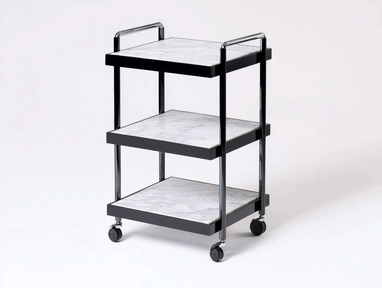 Mobiler Aufbewahrungswagen aus Metall 60×42×90 cm - Schwarz/Weiß - drei Marmoroptik-Ablagen-Lomihaven