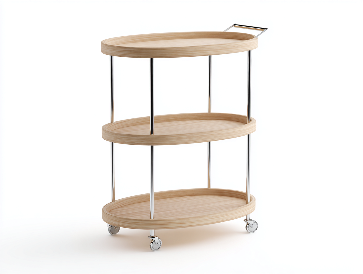 Mobiler Aufbewahrungswagen-Holz-Metall-74×45×86 cm-Natur/Silber-ovale 3-Ebenen-Ausführung mit Griff fürs Esszimmer-Lomihaven