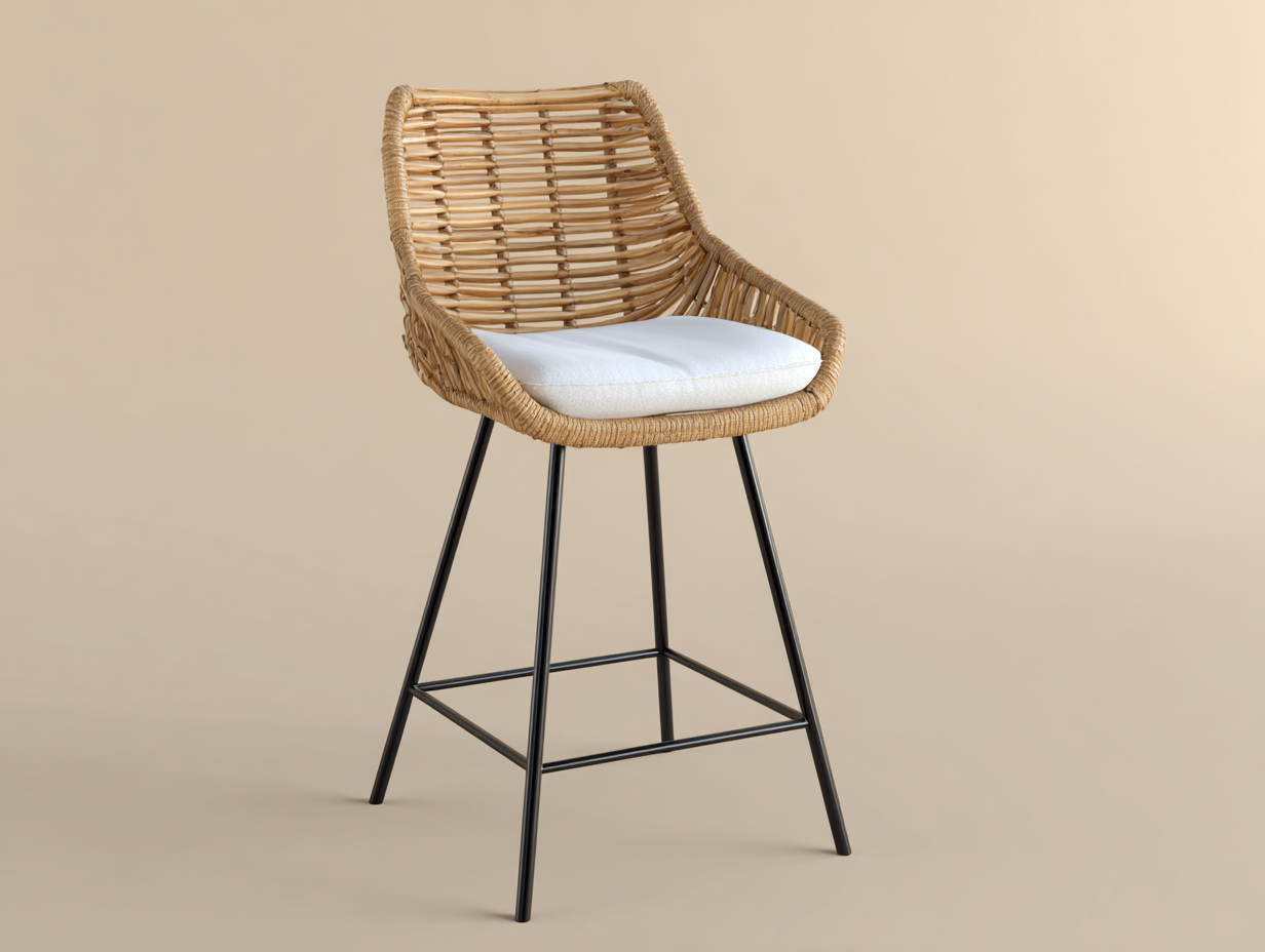 Barhocker-Rattan-Metall-Stoff-56×58×105 cm-Natur/Weiß/Schwarz-geschwungene Sitzschale für Hausbar-Dosolrastudio