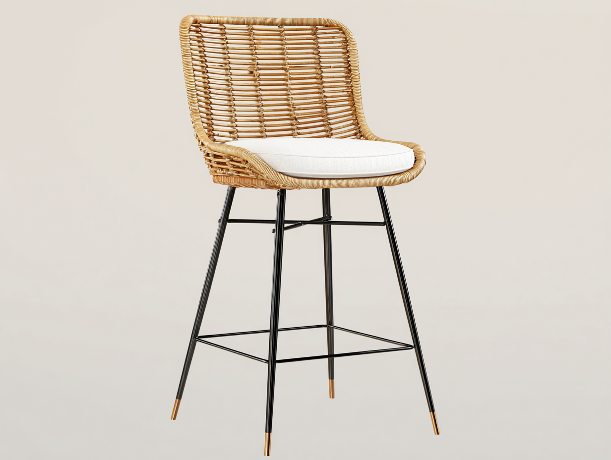 Barhocker aus Rattan 51×54×108 cm - Naturfarben Weiß und Schwarz - mit Hochlehne und Fußstütze-Dosolrastudio