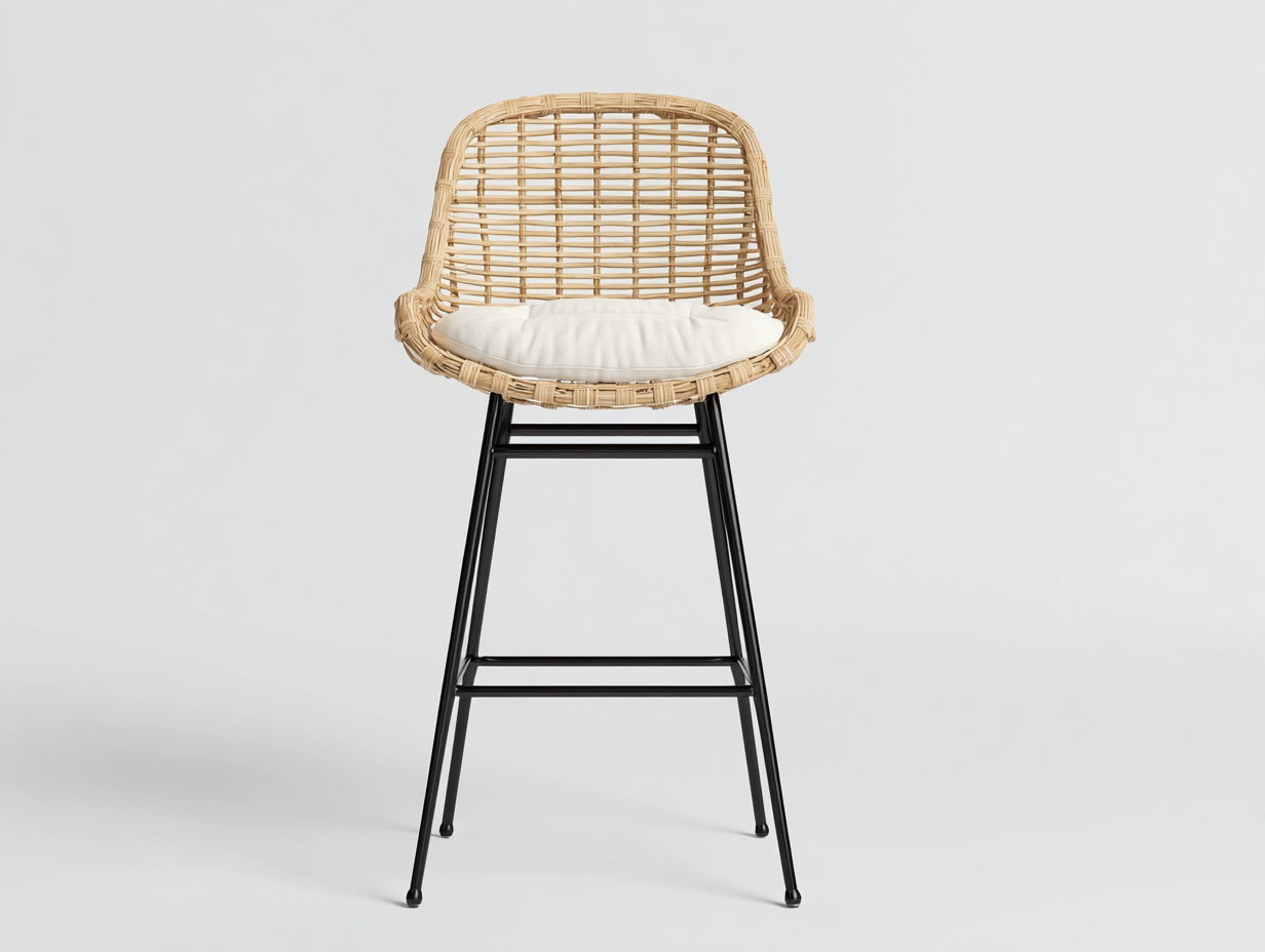 Barhocker-Rattan und Metall-58×55×105 cm-Natur/Cremeweiß/Schwarz-mit Armauflagen und Fußstütze für Hausbar-Dosolrastudio