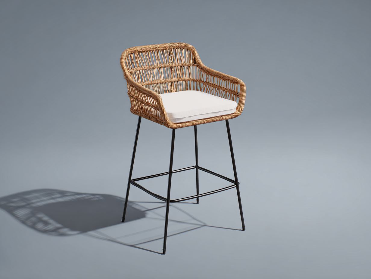 Barhocker-Rattan-Metall-Stoff-57×59×108 cm-Natur/Weiß/Schwarz-offene Armlehnenform für Hausbar-Dosolrastudio