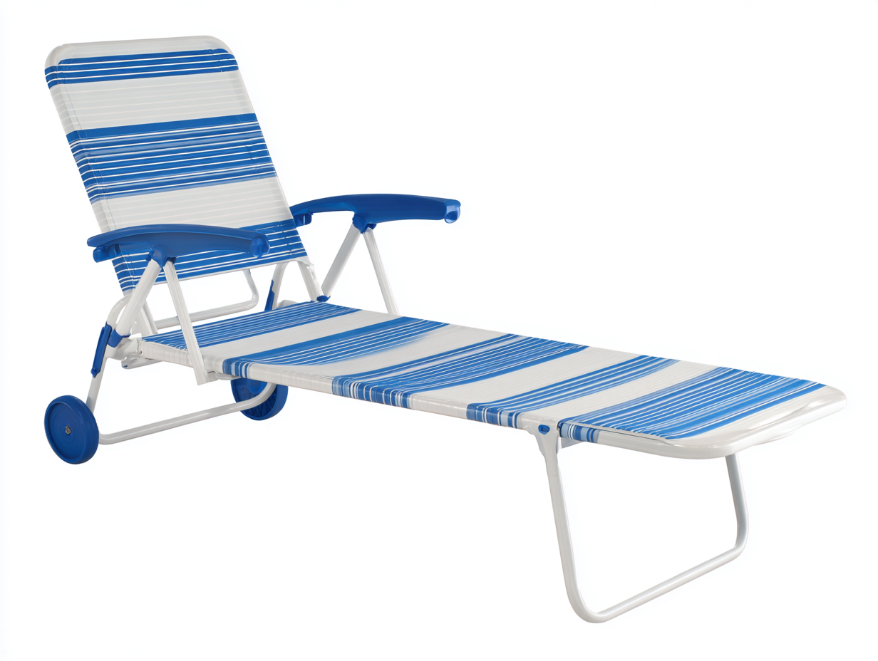 Outdoor-Lounge-Sessel aus Metall und Kunststoffband-195×68×101 cm-Weiß/Blau-mit Armlehnen Rollen und verstellbarer Rückenlehne für Terrasse-Dosolrastudio