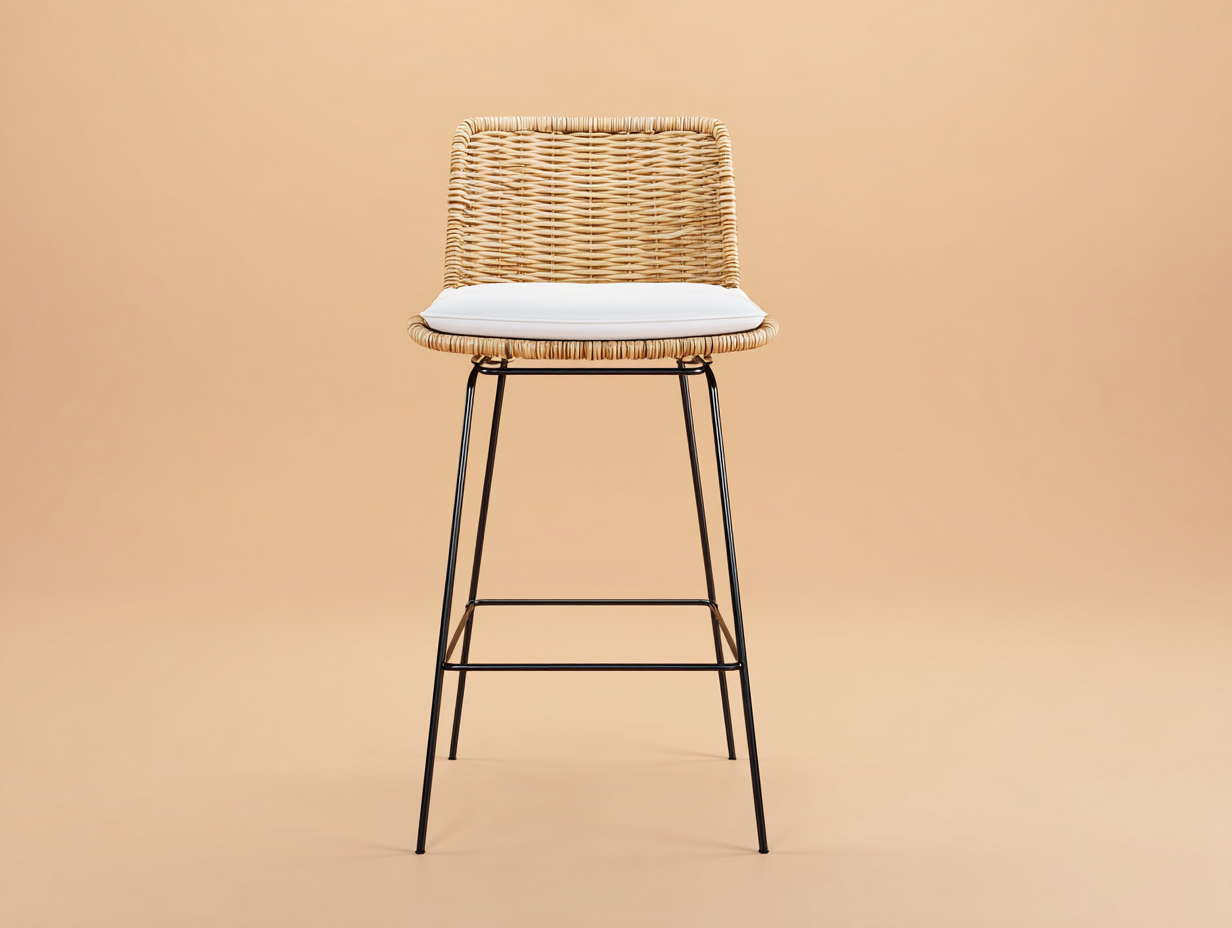 Barhocker-Rattan-Metall-Stoff-53×55×106 cm-Natur/Weiß/Schwarz-geradliniges Design für Hausbar-Dosolrastudio