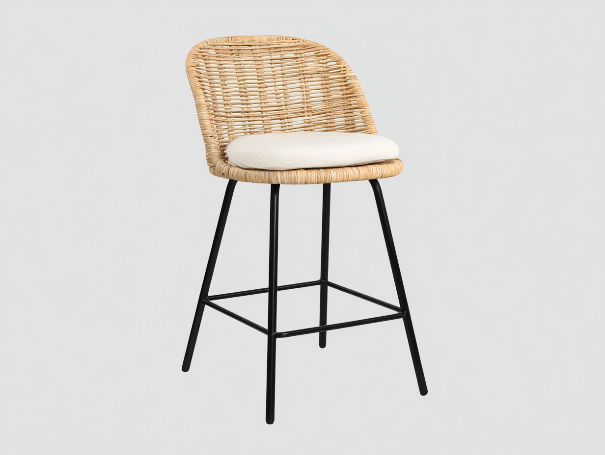 Barhocker-Rattan und Metall-50×52×102 cm-Natur/Cremeweiß/Schwarz-armlose Geflechtschale mit Fußrahmen für Hausbar-Dosolrastudio