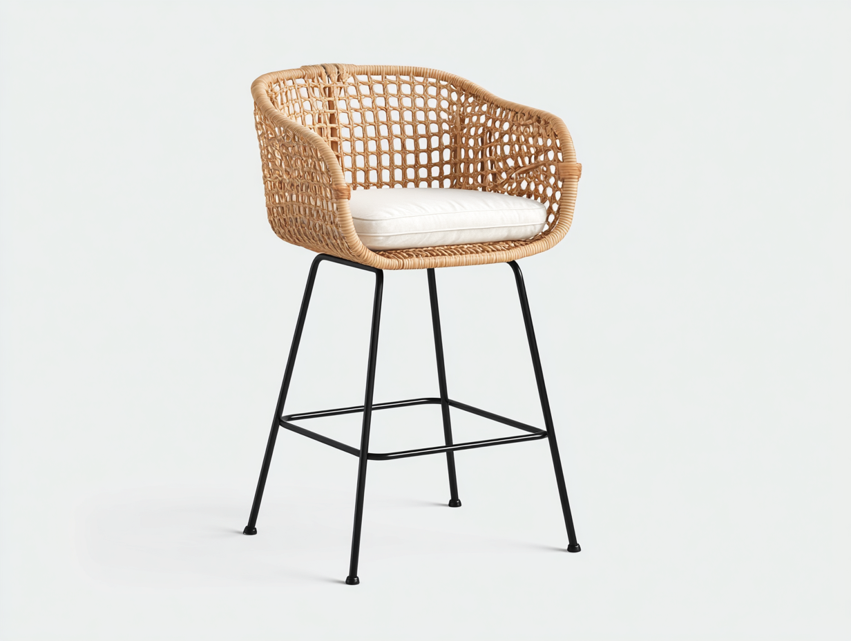 Barhocker aus Rattan 56×58×104 cm - Naturfarben Weiß und Schwarz - mit Armlehnen und Fußstütze-Dosolrastudio