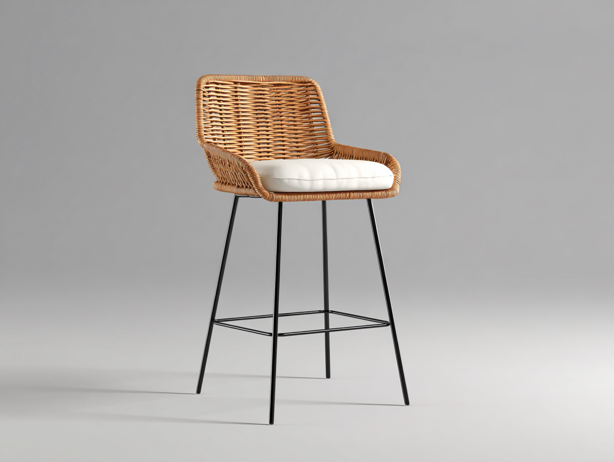 Barhocker-Rattan-Metall-Stoff-55×57×106 cm-Natur/Weiß/Schwarz-kompakte Flechtschale für Hausbar-Dosolrastudio