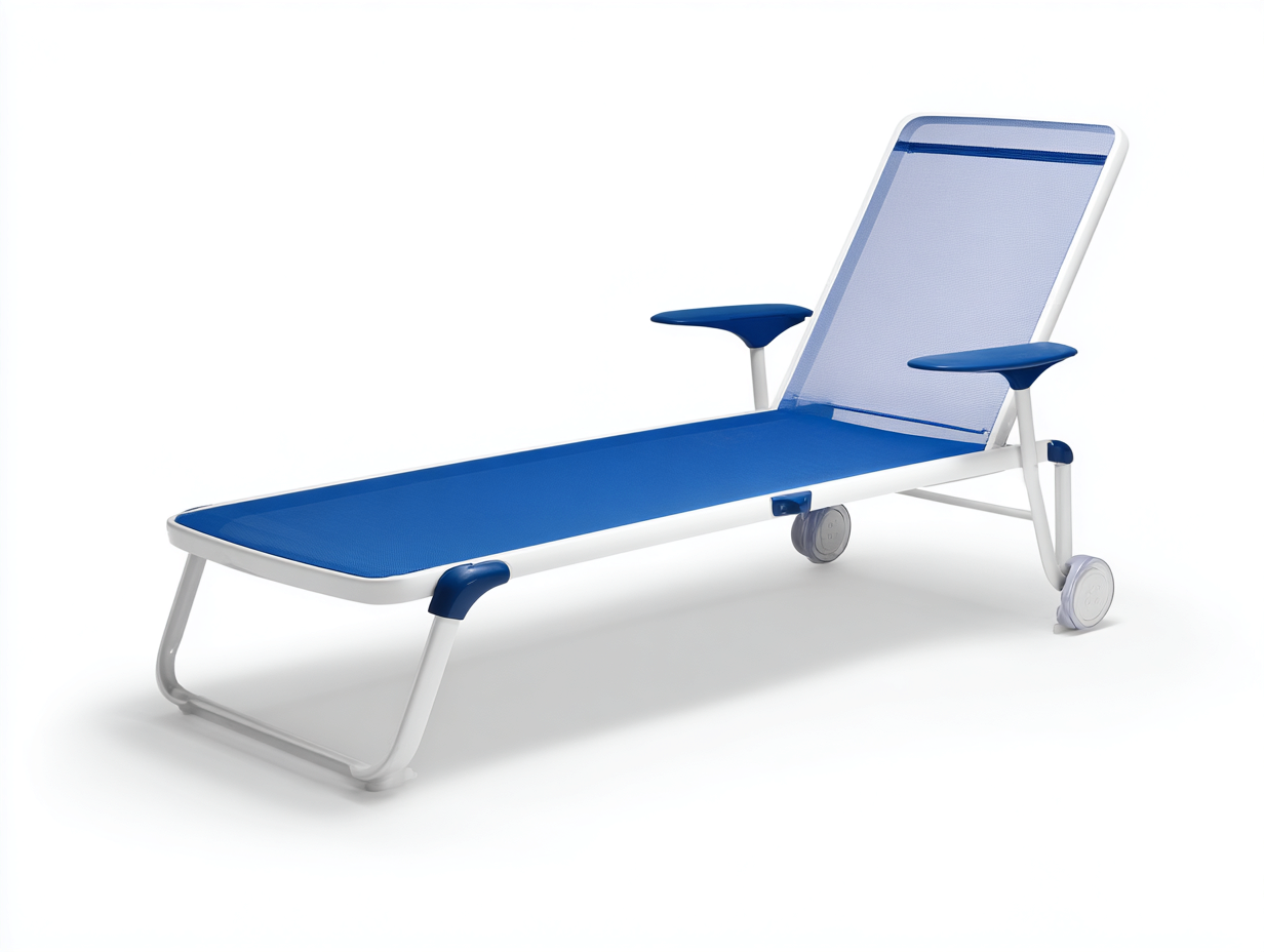 Outdoor-Lounge-Sessel aus Metall und Textilgewebe-198×70×100 cm-Weiß/Blau-mit Netzrücken Armlehnen und Rollen für Terrasse-Dosolrastudio