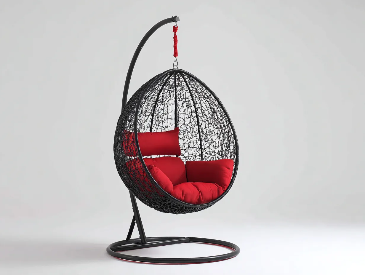 Hängesessel Metall 110×110×198 cm - Schwarz Rot - Korbsitz mit Standgestell für den Außenbereich-Havexdahome