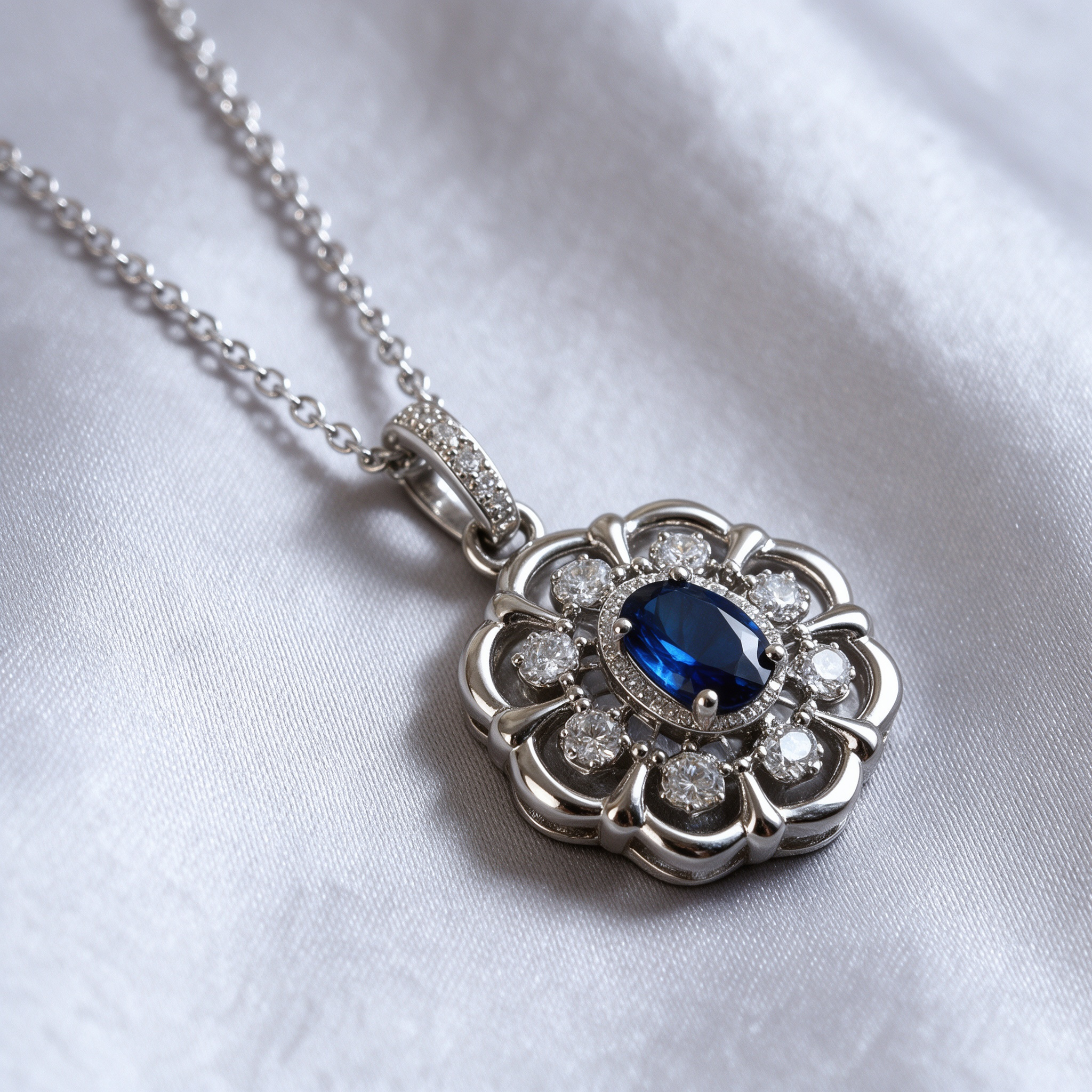 Close up detail of blue flower necklace, silver crystal halo pendant, fine jewelry detail shot