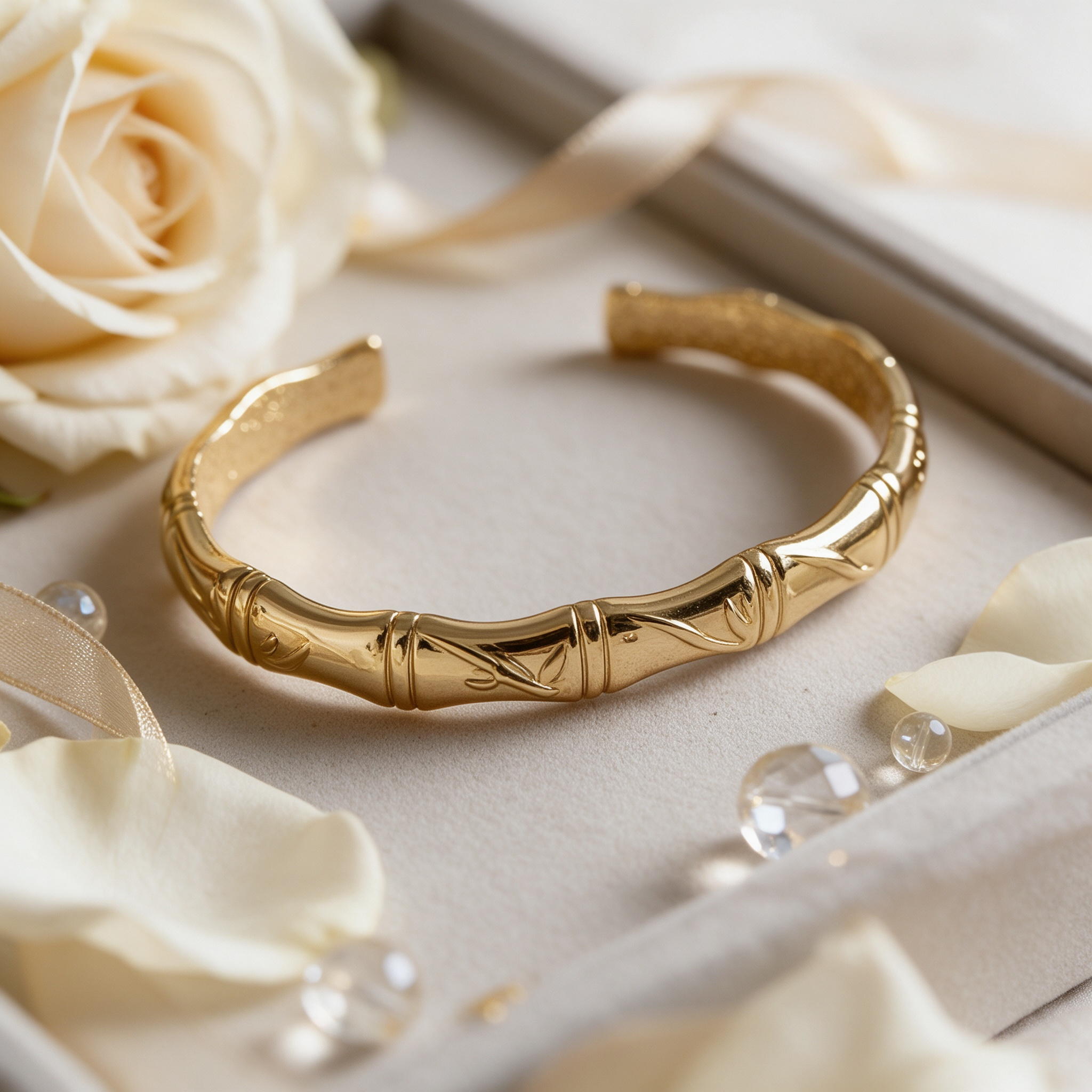 Gold bamboo open cuff bracelet styled with rose petals, luxury jewelry flat lay, Bella Aurelia