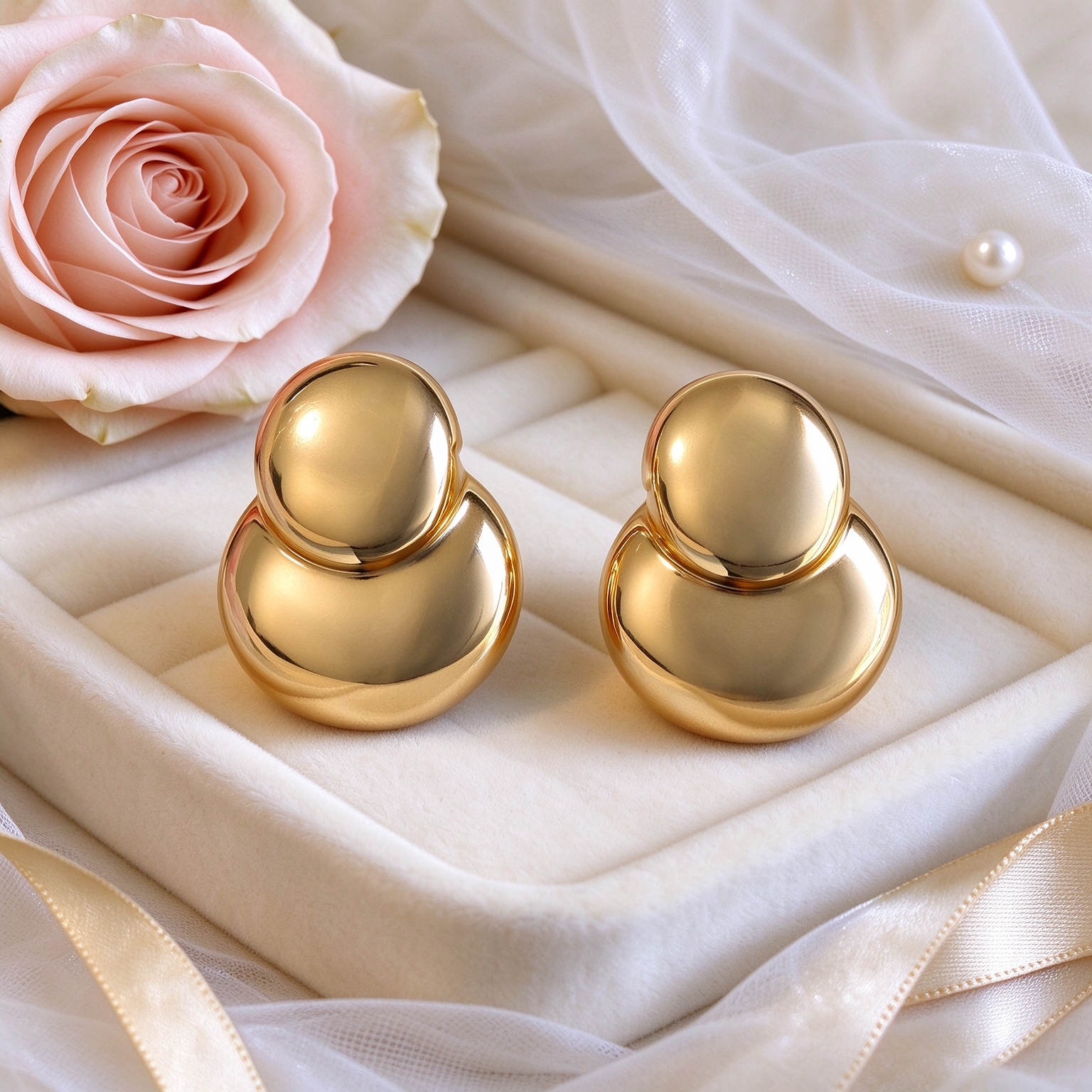 Gold double bubble statement earrings styled on neutral cream background, luxury jewelry flat lay, Bella Aurelia