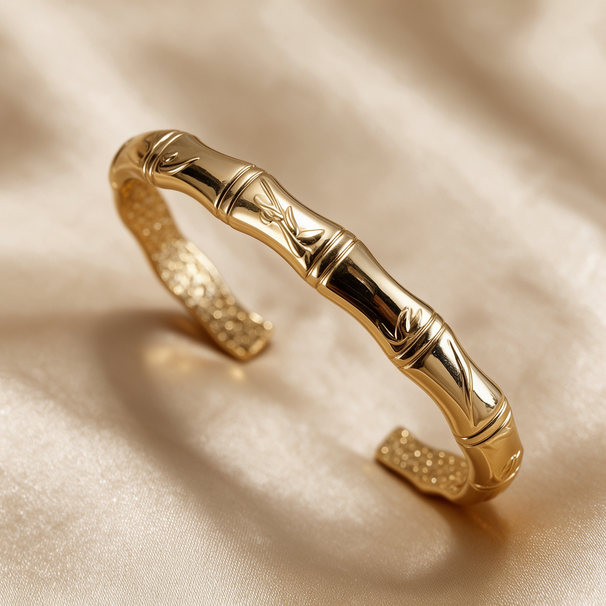 Close up detail of gold open cuff bracelet, bamboo texture, engraved design, fine jewelry detail shot