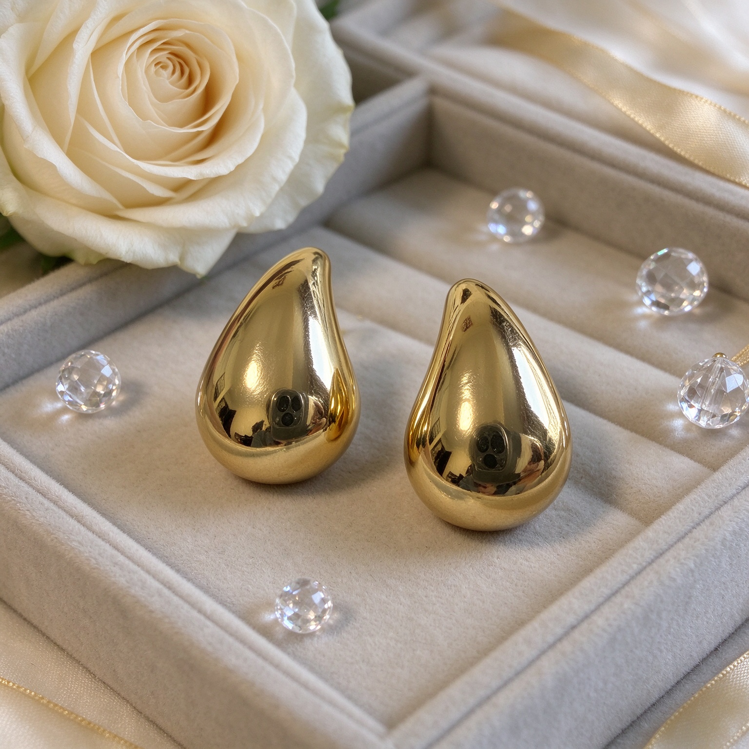 Gold teardrop statement earrings styled on neutral cream background, luxury jewelry flat lay, Bella Aurelia