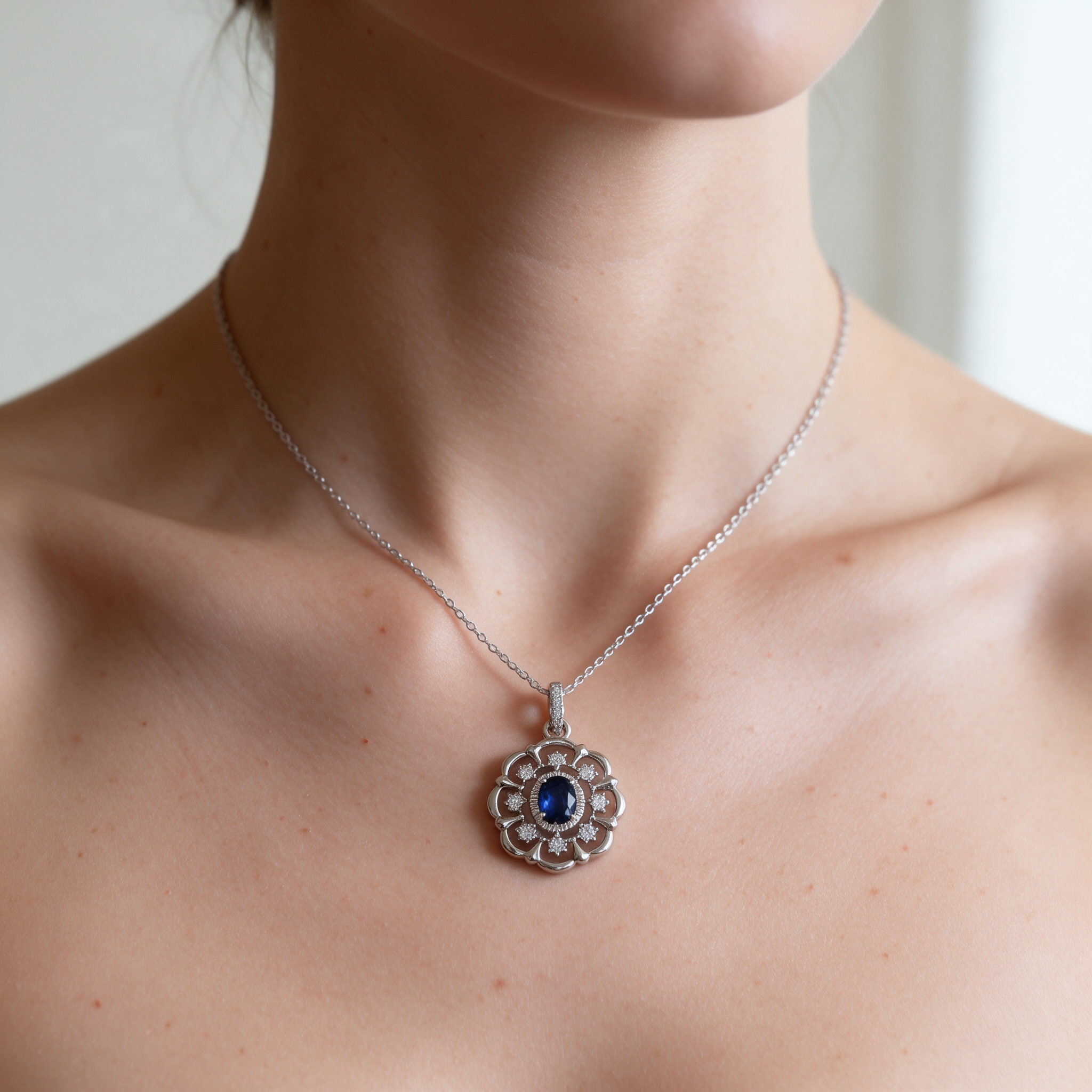Natural skin tone model wearing blue flower silver pendant necklace, neck closeup jewelry photo