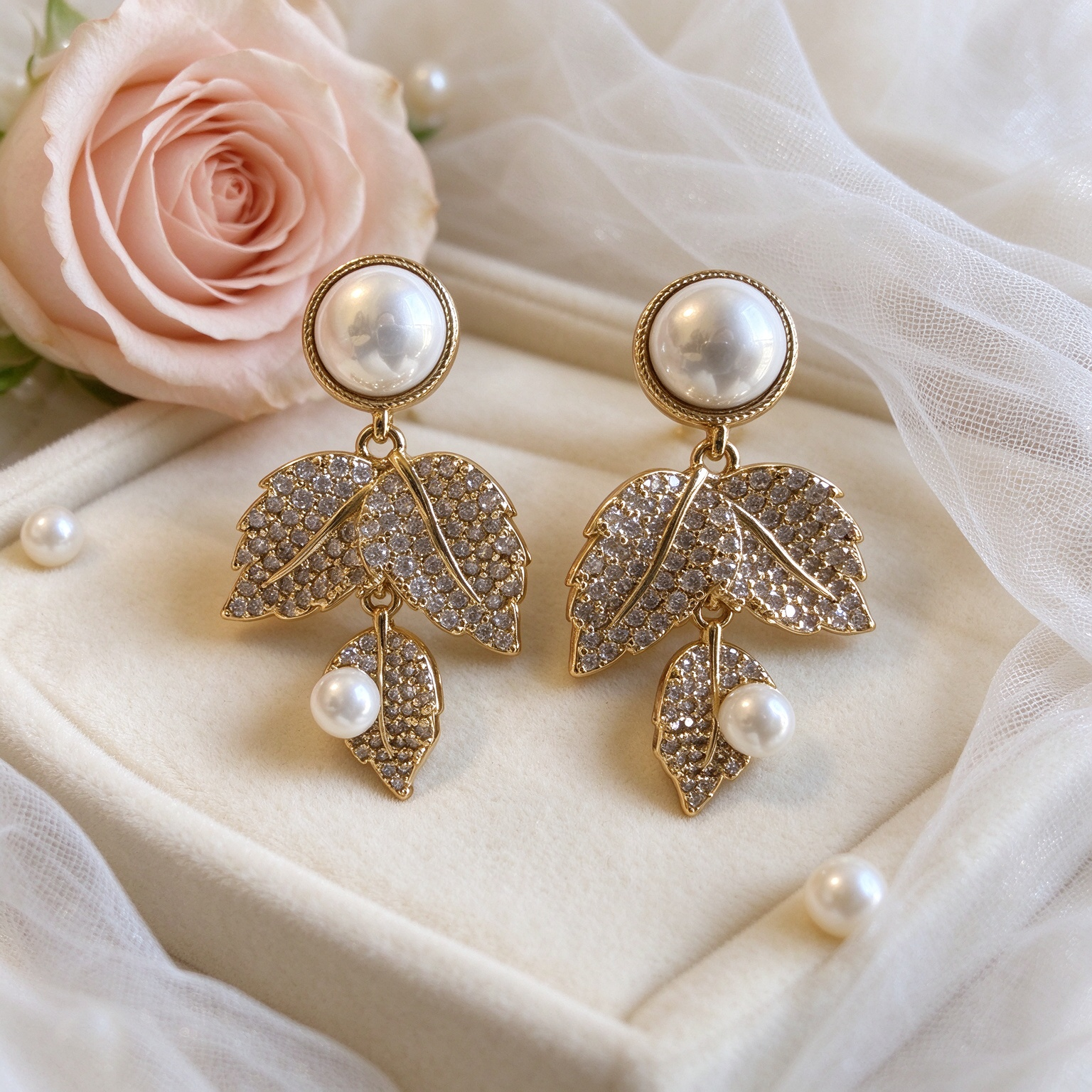 Pearl gold leaf diamond earrings styled on neutral cream background, luxury jewelry flat lay, Bella Aurelia