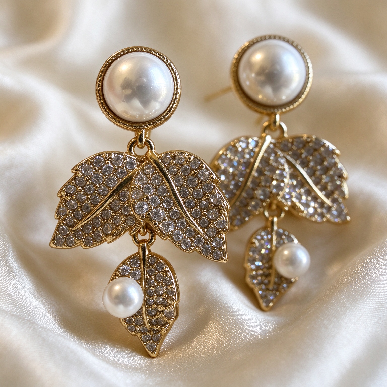 Close up detail of pearl gold leaf earrings, diamond crystal pavé, gold leaf pendant, fine jewelry detail shot