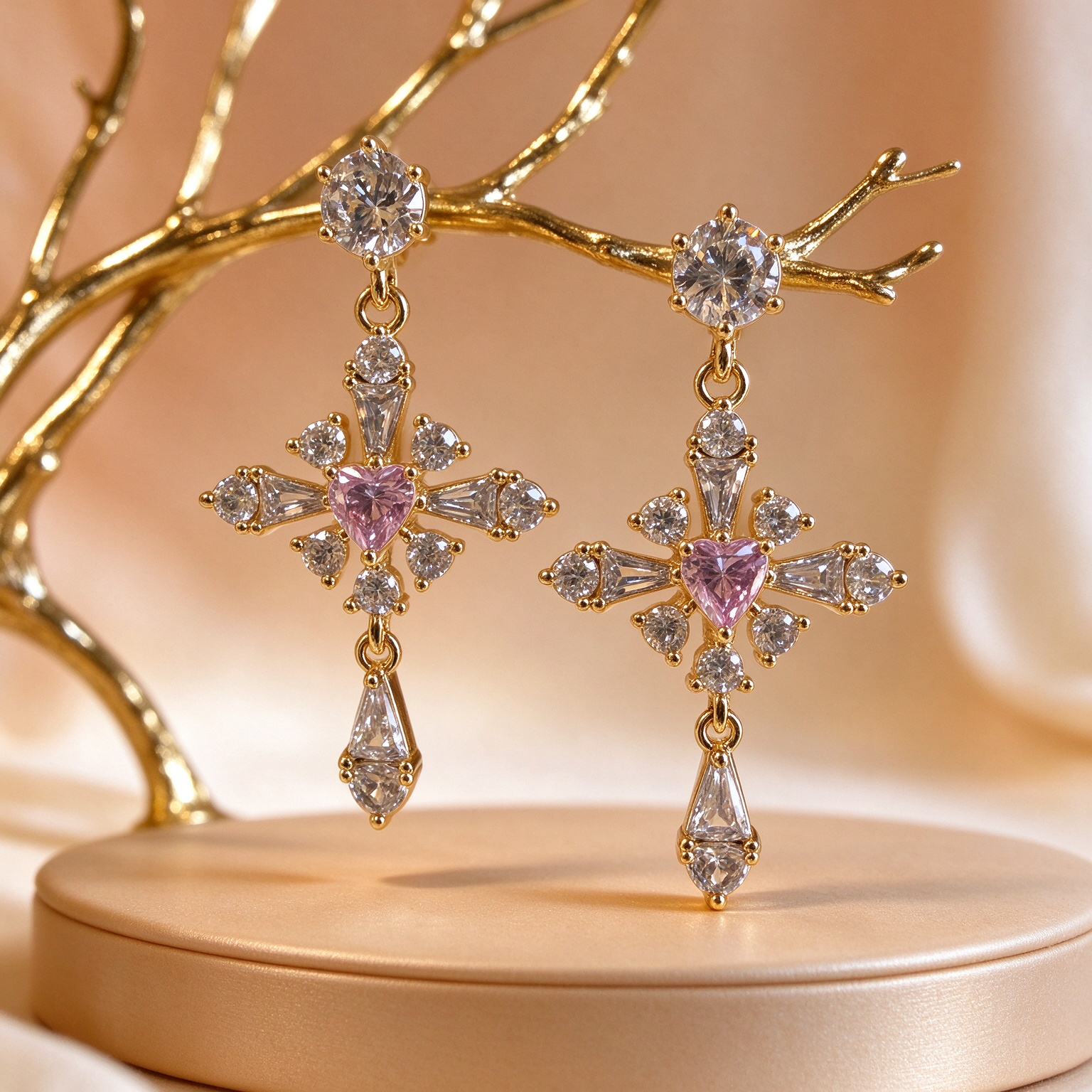 Pink cross diamond drop earrings, gold setting with white diamond accents, luxury studio closeup, Bella Aurelia