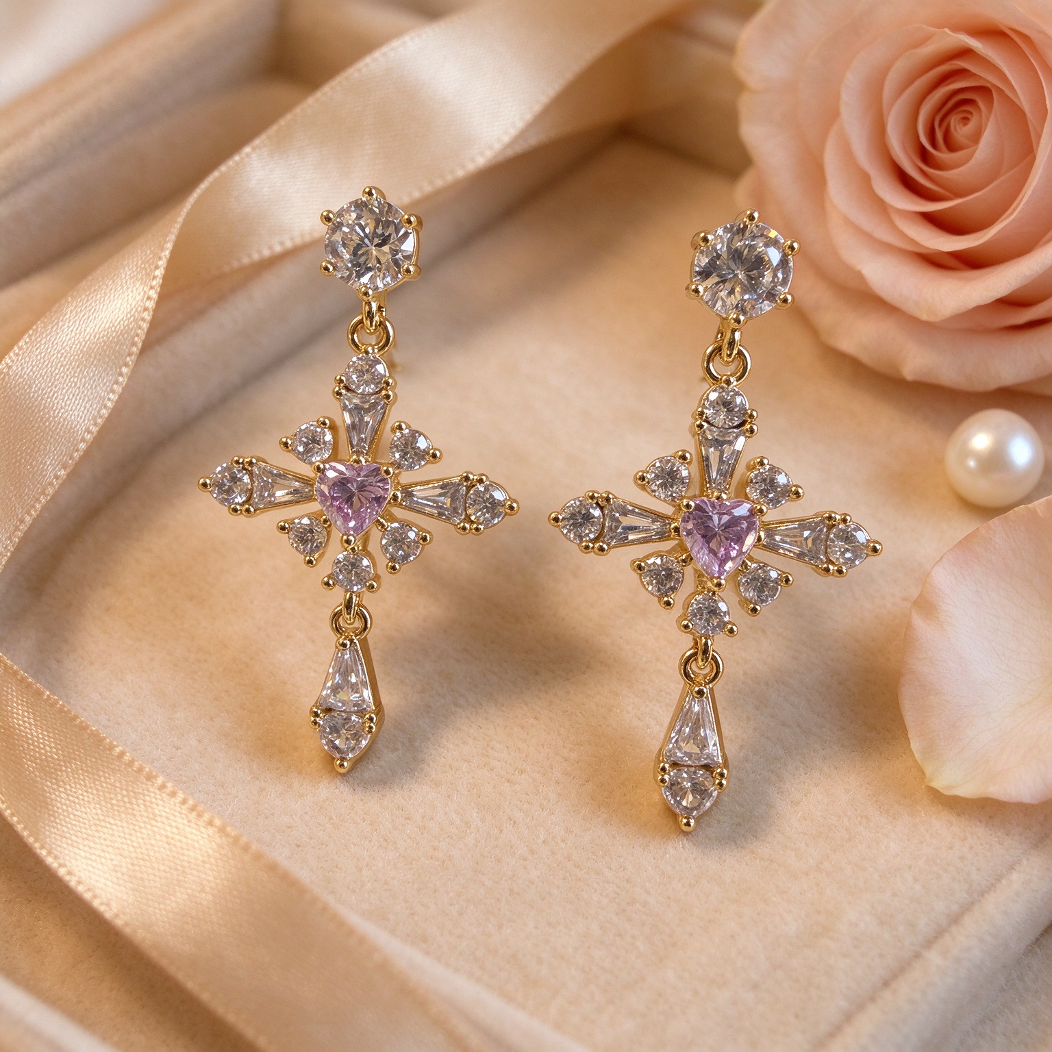 Pink cross diamond drop earrings styled on warm cream background, luxury jewelry flat lay, Bella Aurelia