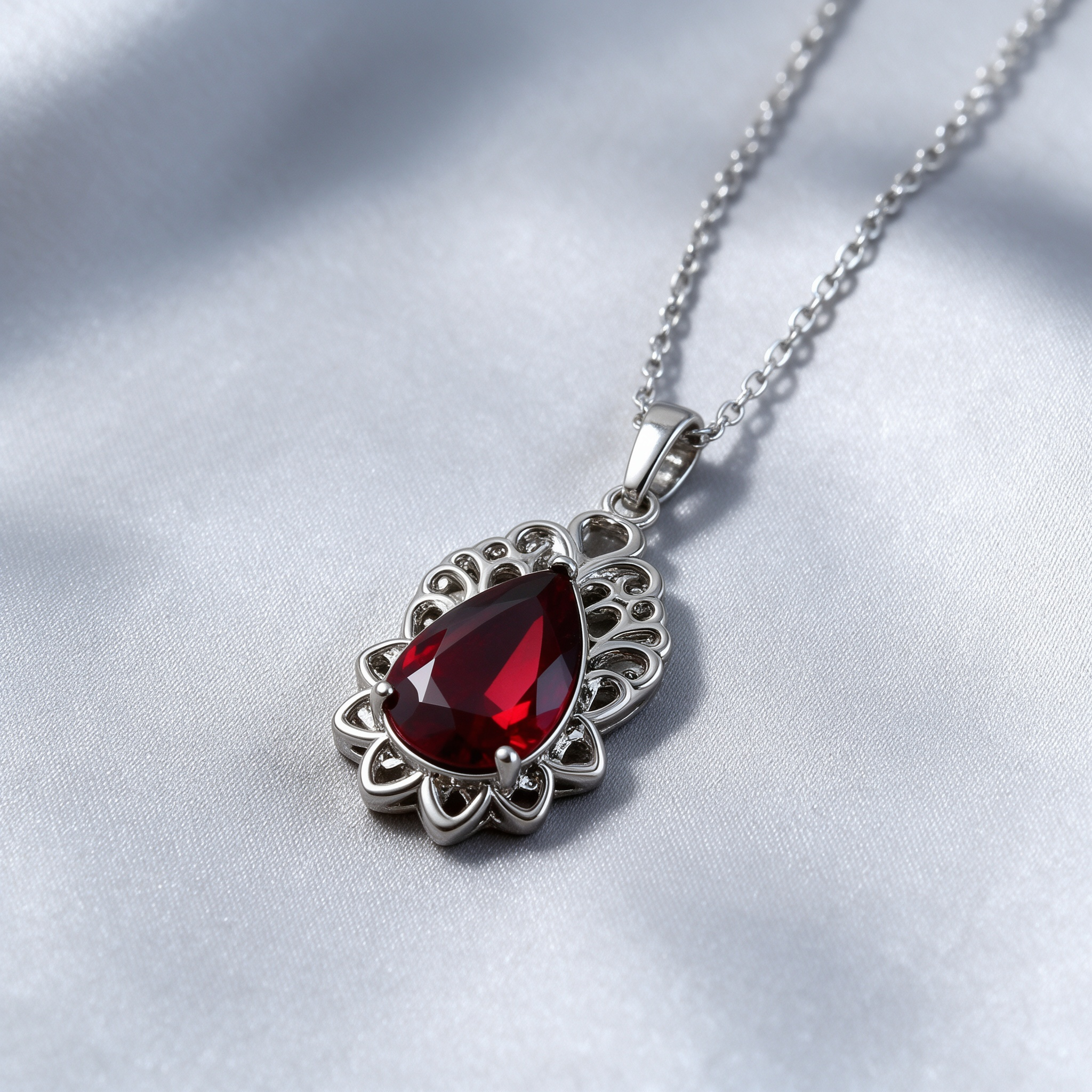 Close up detail of red teardrop necklace, openwork silver pendant, fine jewelry detail shot