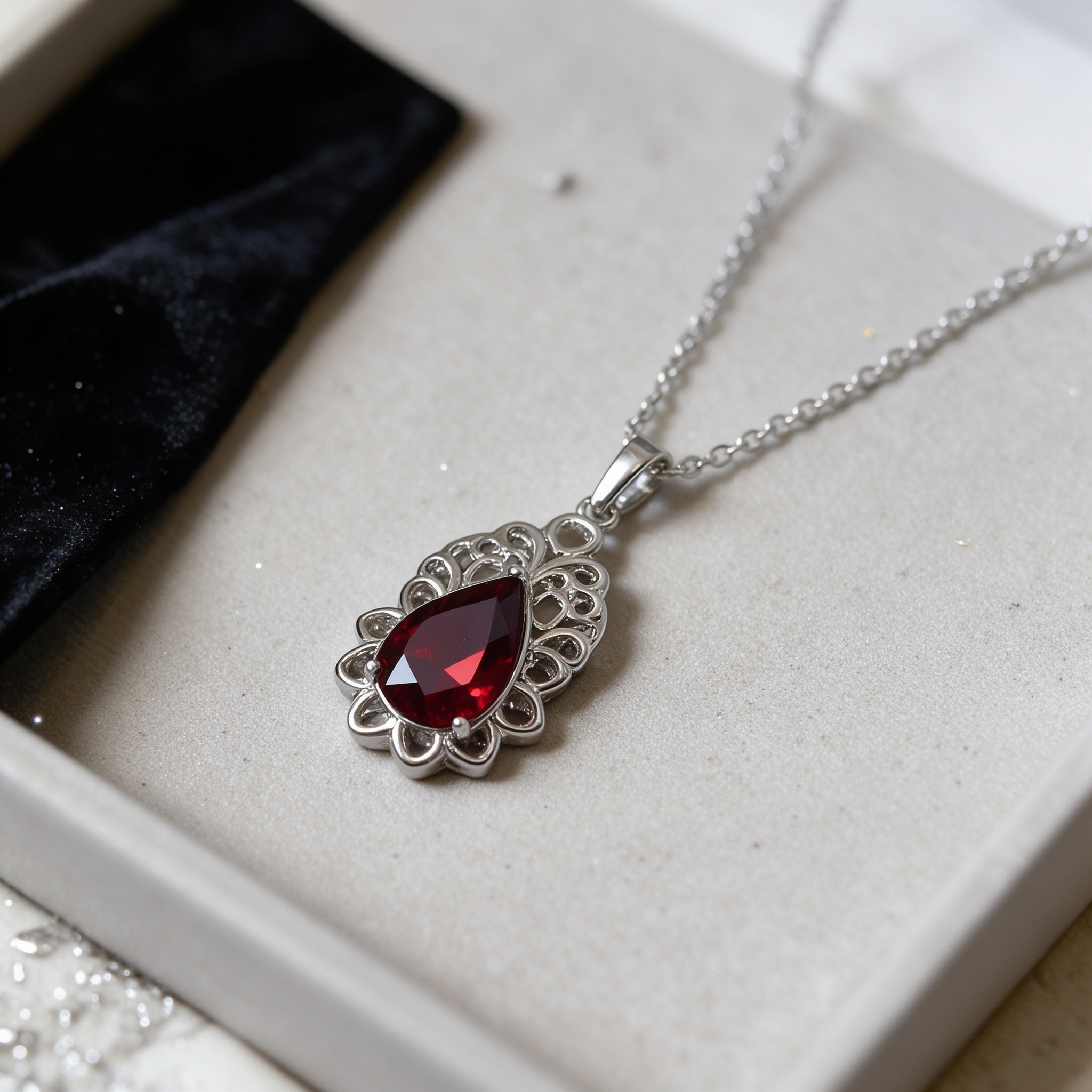 Red teardrop silver statement necklace styled with black velvet, luxury jewelry flat lay, Bella Aurelia